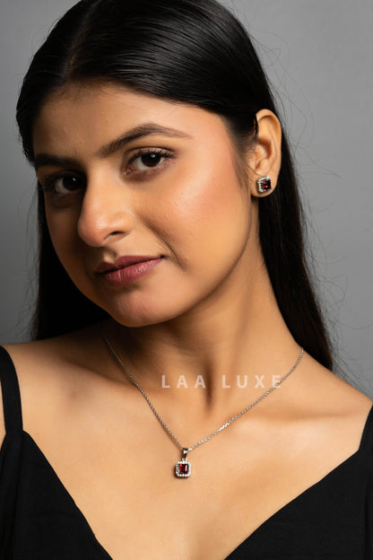 Garnet Red American Diamond Sterling Silver Necklace Set - Lookandadorn.com