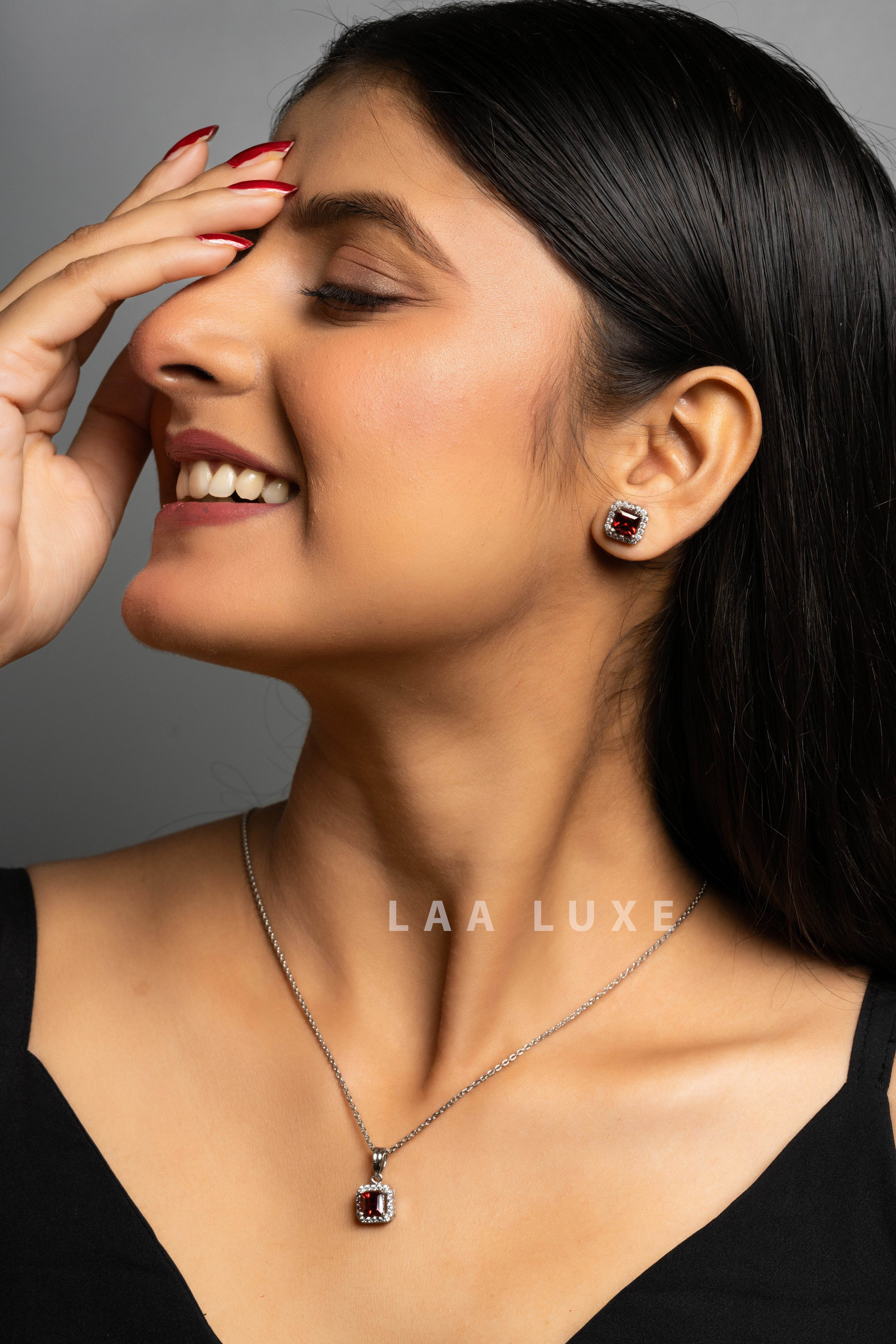 Garnet Red American Diamond Sterling Silver Necklace Set - Lookandadorn.com