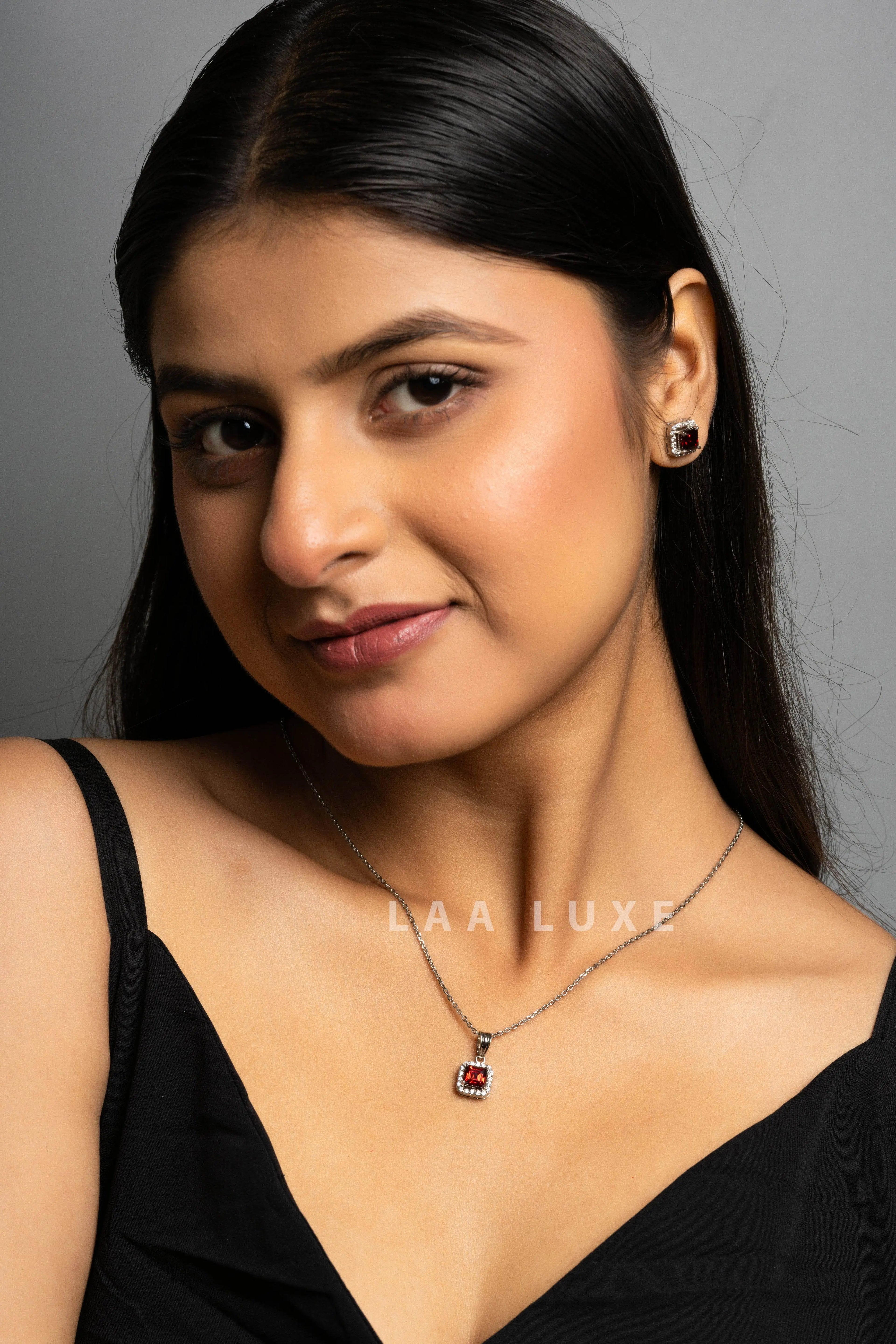 Garnet Red American Diamond Sterling Silver Necklace Set - Lookandadorn.com