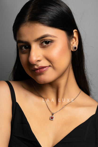 Garnet Red American Diamond Sterling Silver Necklace Set - Lookandadorn.com