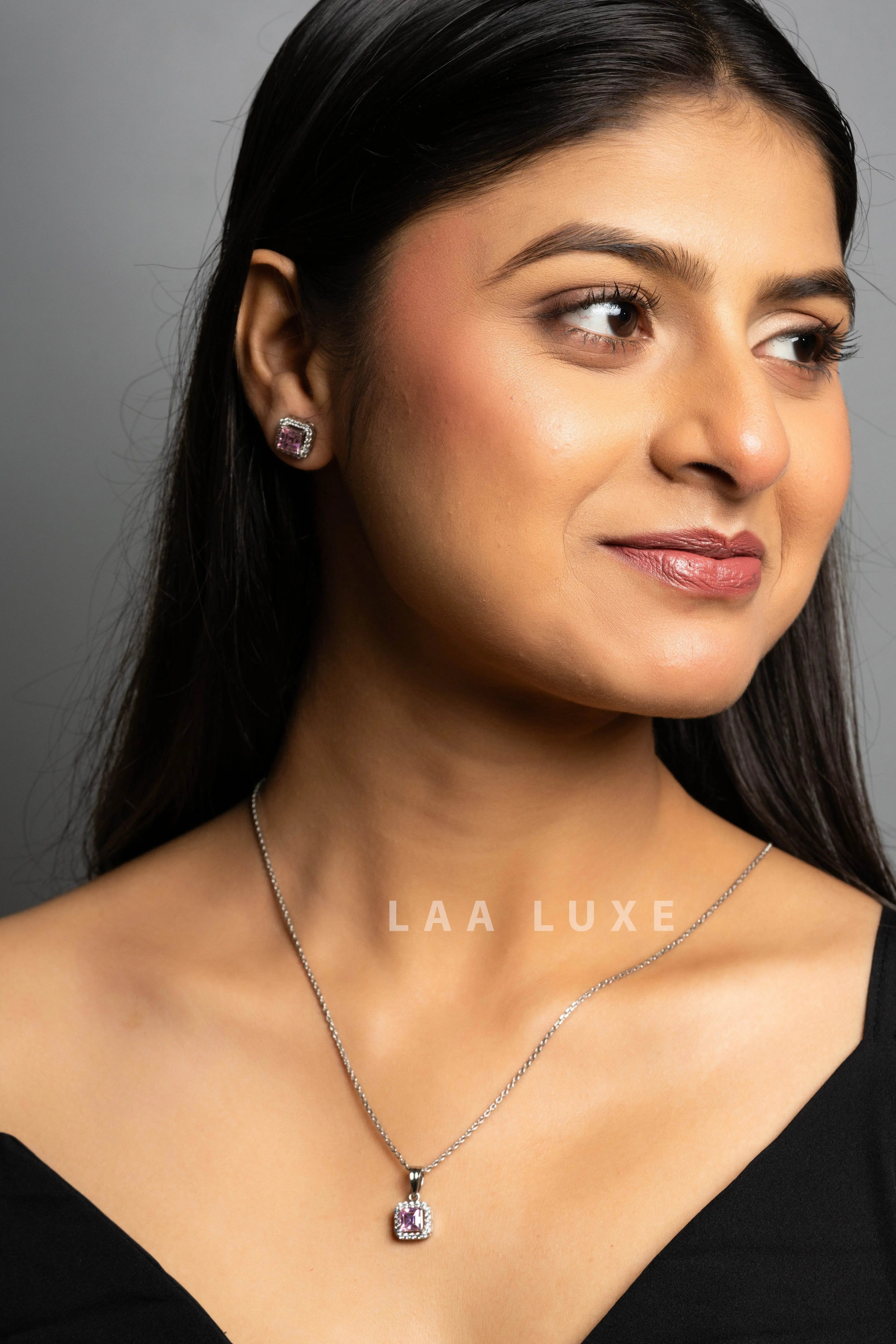 Pink Sapphire American Diamond Sterling Silver Necklace Set - Lookandadorn.com