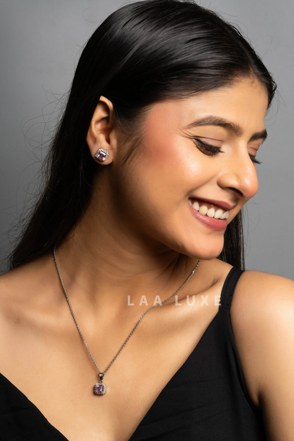 Pink Sapphire American Diamond Sterling Silver Necklace Set - Lookandadorn.com