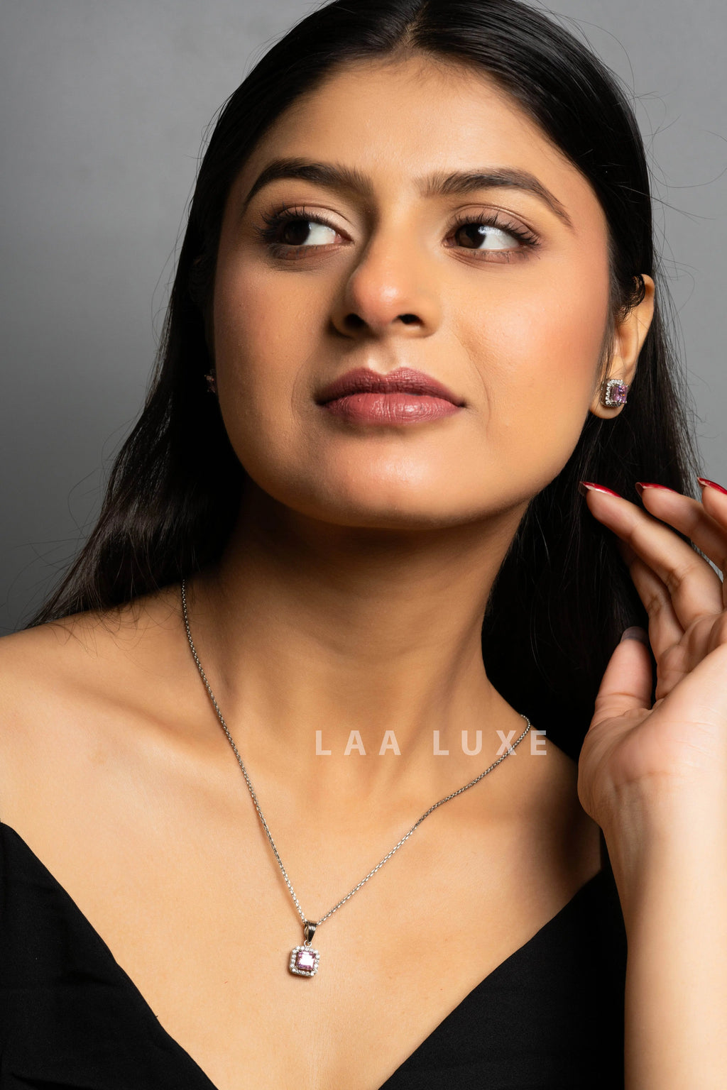 Pink Sapphire American Diamond Sterling Silver Necklace Set - Lookandadorn.com