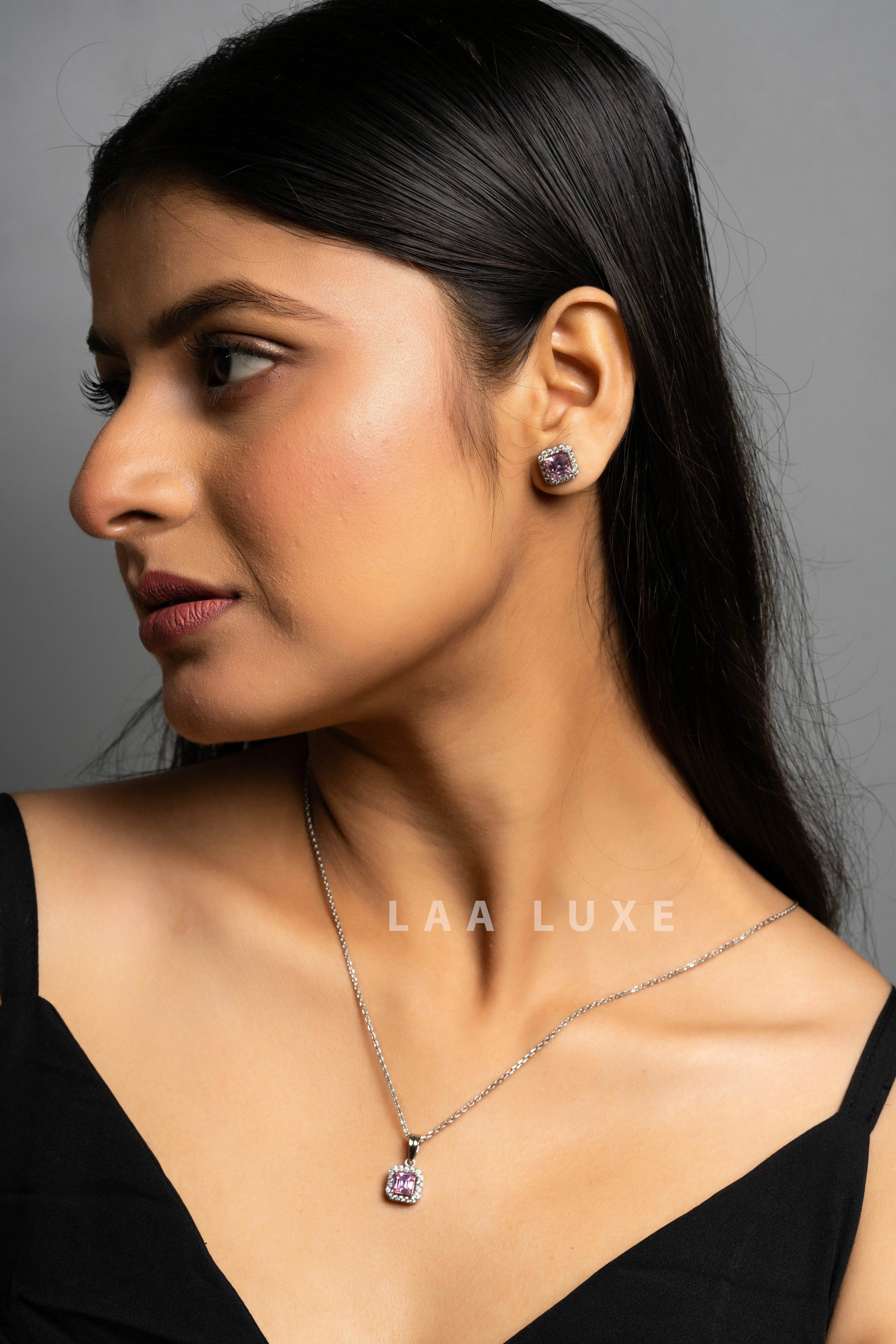 Pink Sapphire American Diamond Sterling Silver Necklace Set - Lookandadorn.com