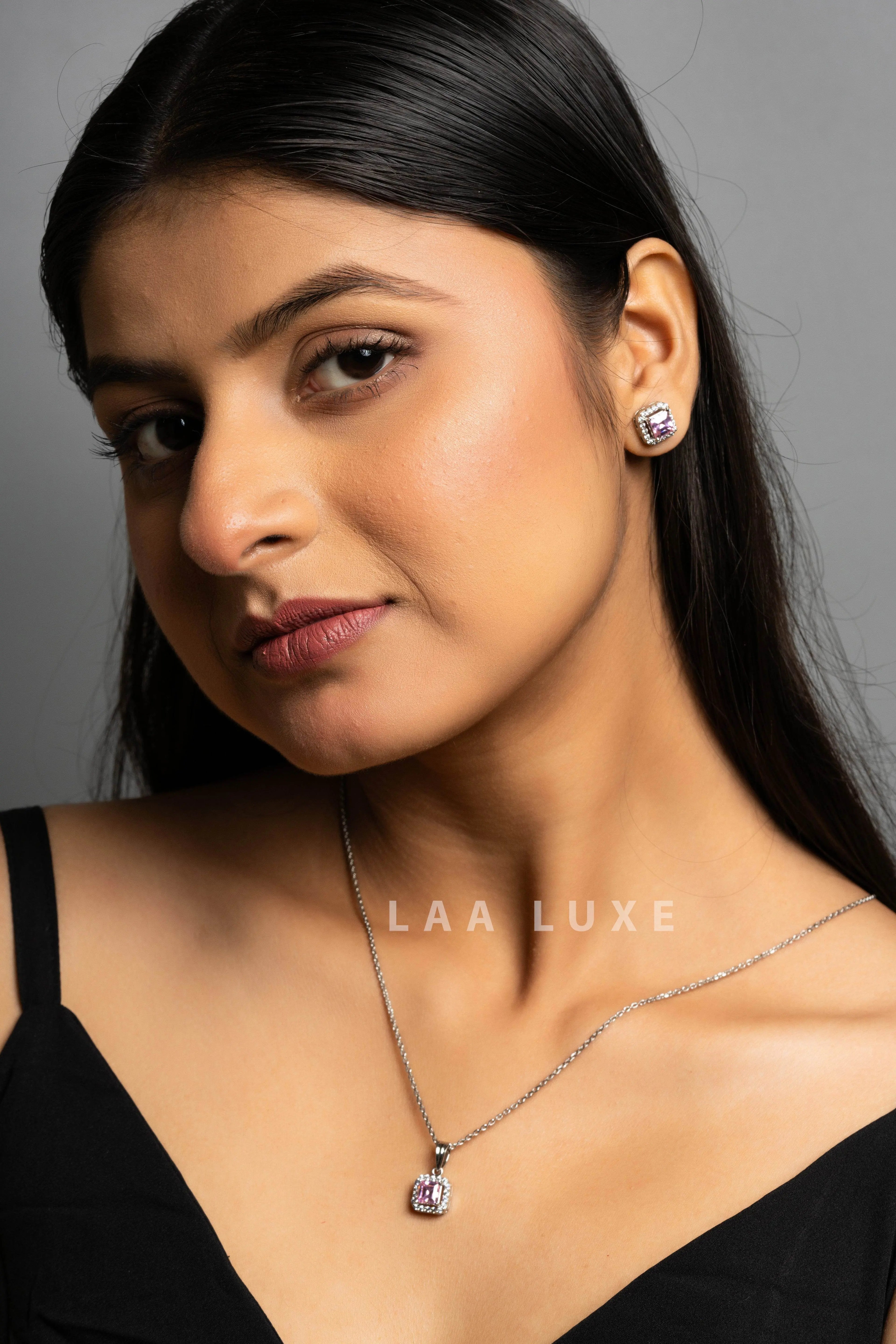 Pink Sapphire American Diamond Sterling Silver Necklace Set - Lookandadorn.com