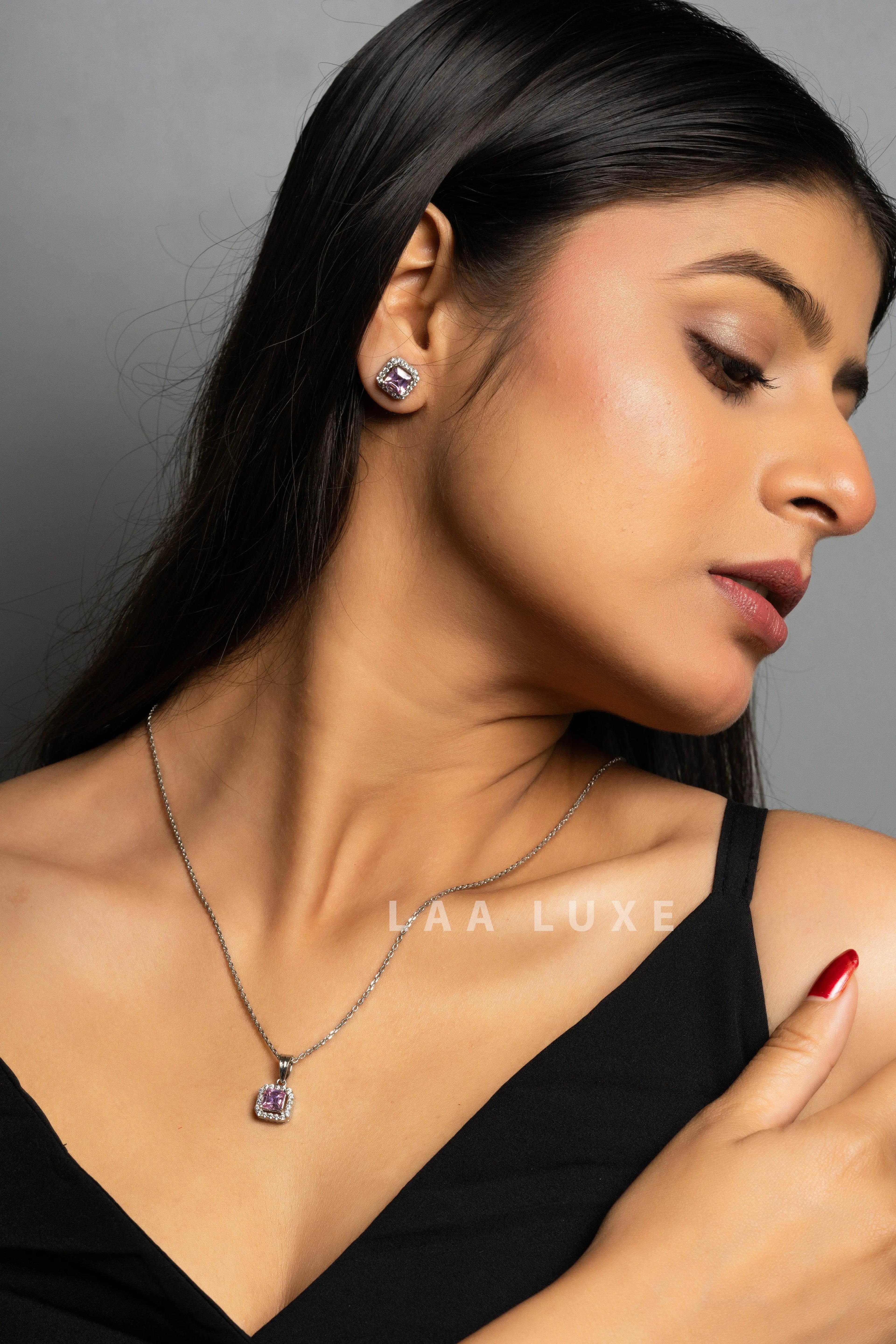Pink Sapphire American Diamond Sterling Silver Necklace Set - Lookandadorn.com