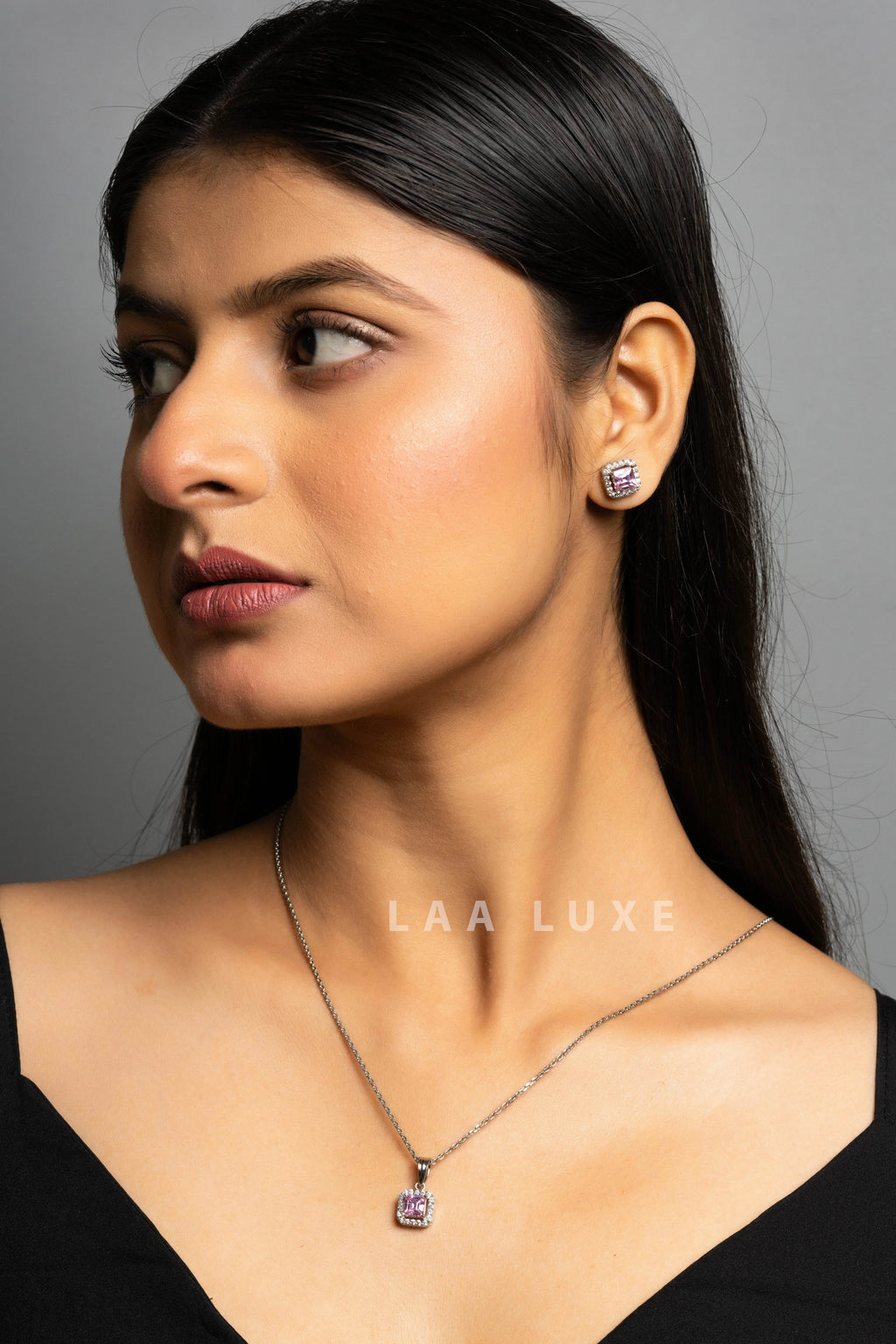 Pink Sapphire American Diamond Sterling Silver Necklace Set - Lookandadorn.com