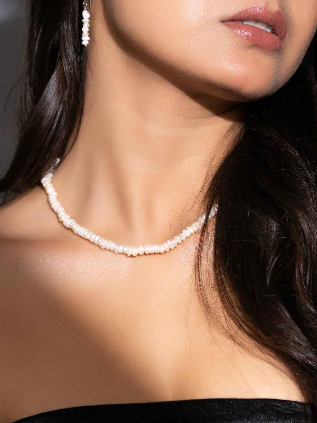 Fresh Water Pearl Single Line Necklace Set with Earrings