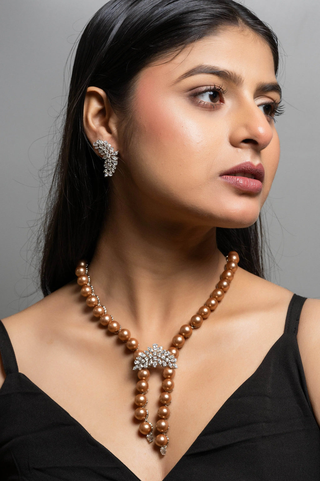 Pearl with American Diamond Sterling Silver Necklace & Earrings Set - Lookandadorn.com