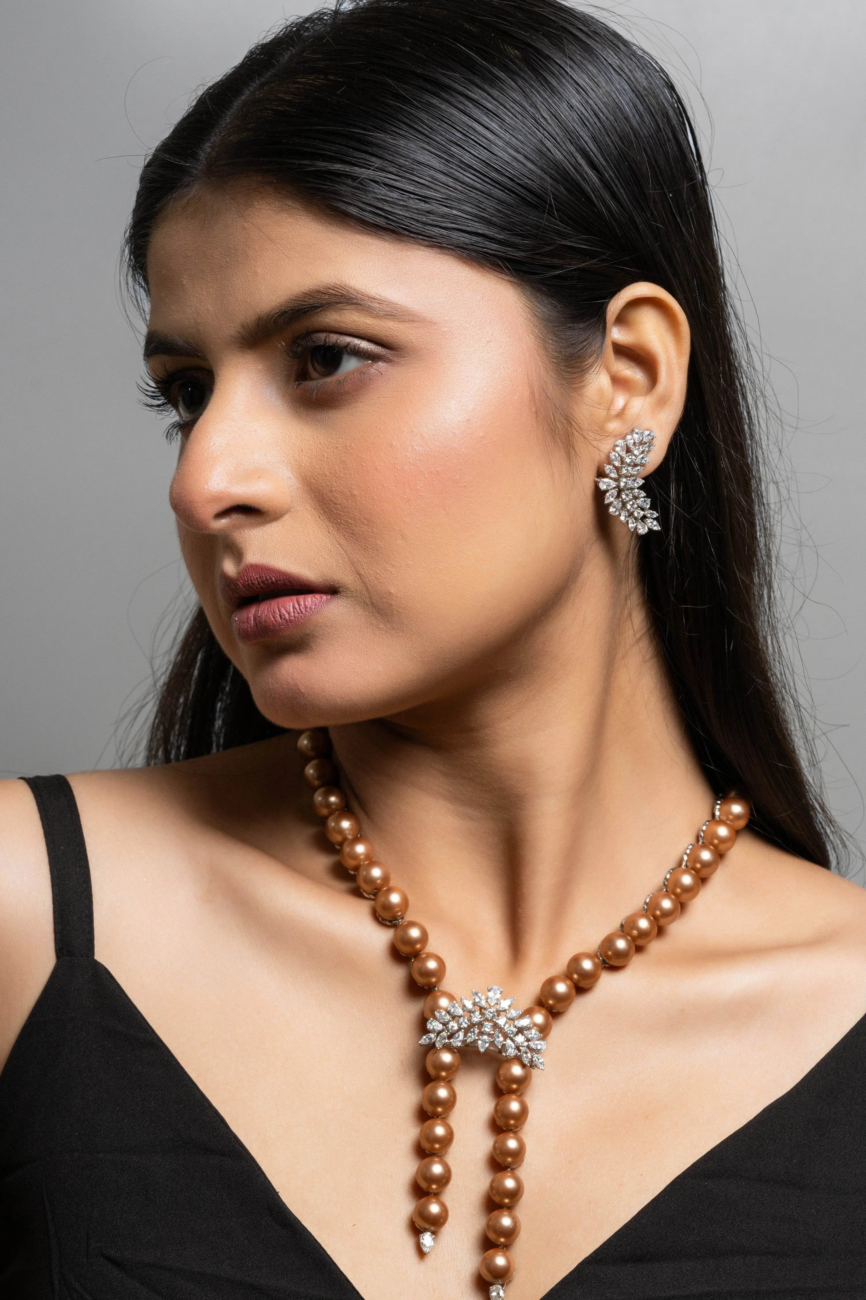 Pearl with American Diamond Sterling Silver Necklace & Earrings Set - Lookandadorn.com