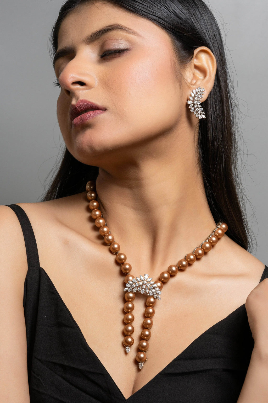 Pearl with American Diamond Sterling Silver Necklace & Earrings Set - Lookandadorn.com