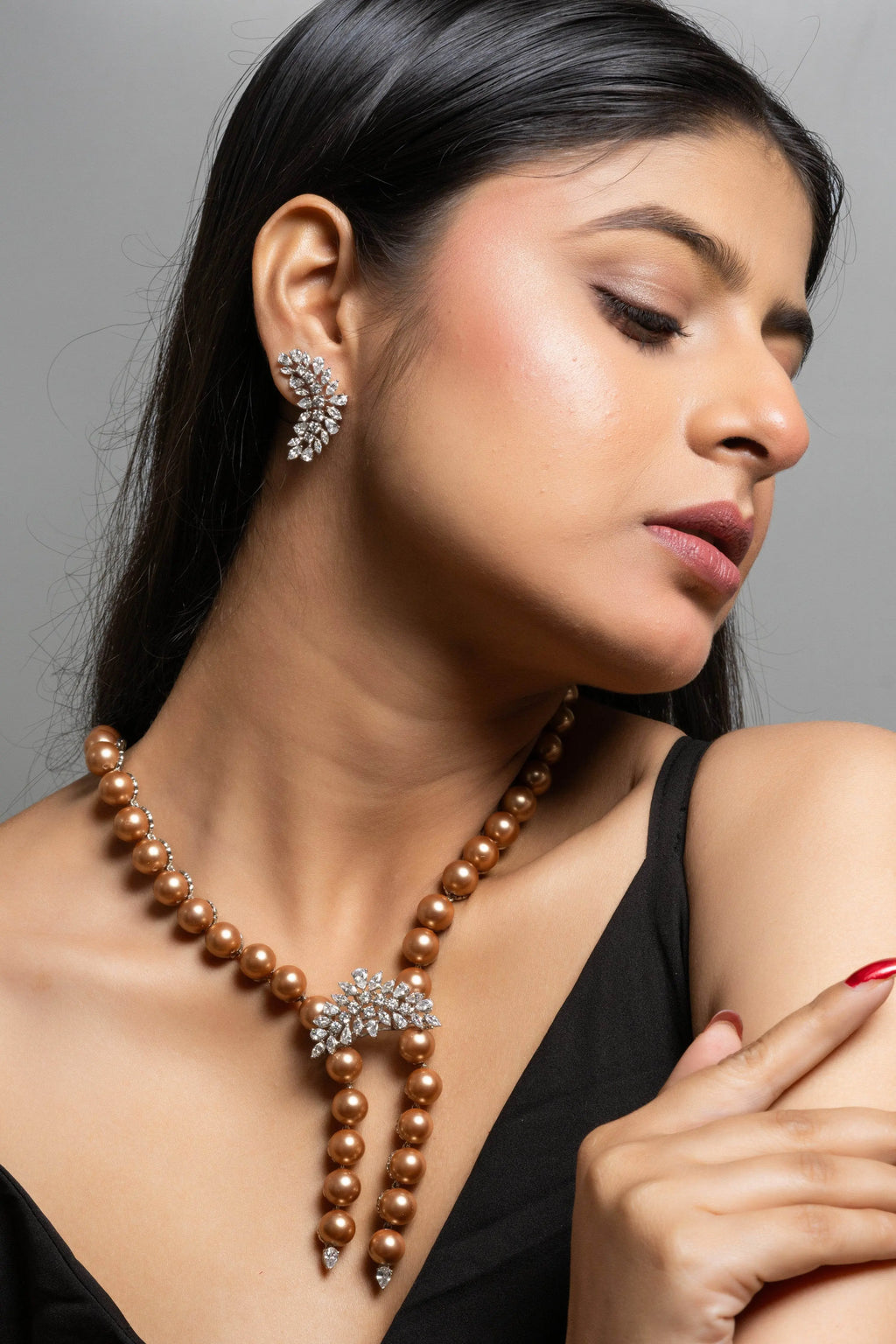 Pearl with American Diamond Sterling Silver Necklace & Earrings Set - Lookandadorn.com
