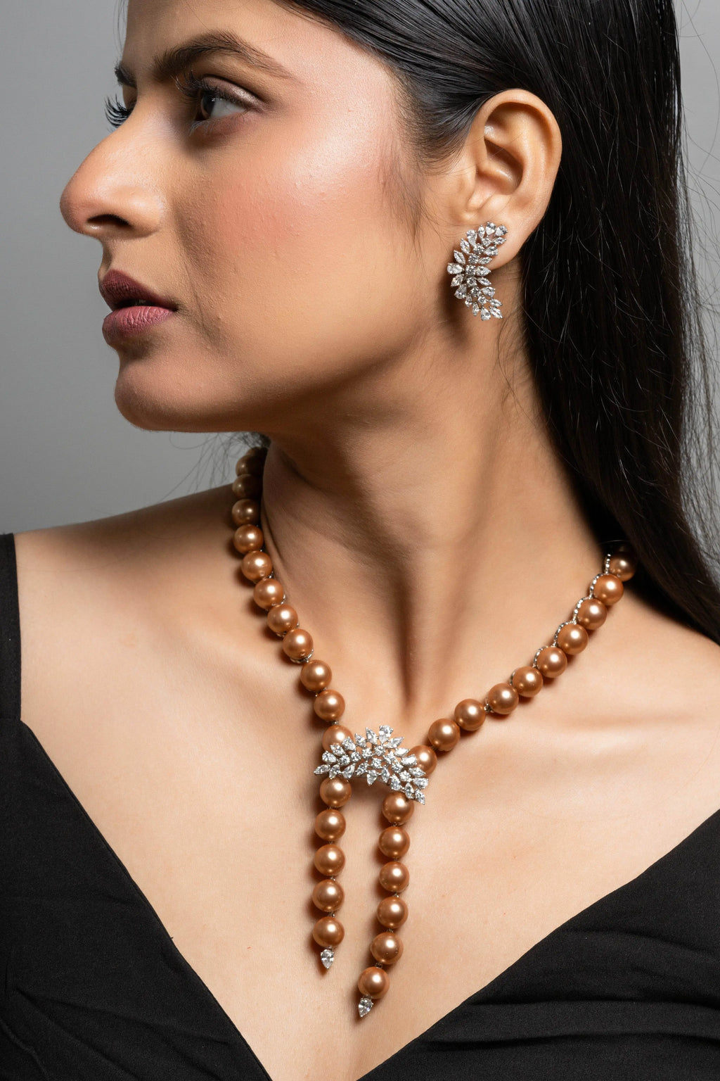 Pearl with American Diamond Sterling Silver Necklace & Earrings Set - Lookandadorn.com