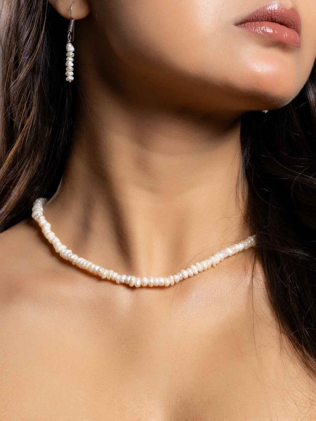 Fresh Water Pearl Single Line Necklace Set with Earrings