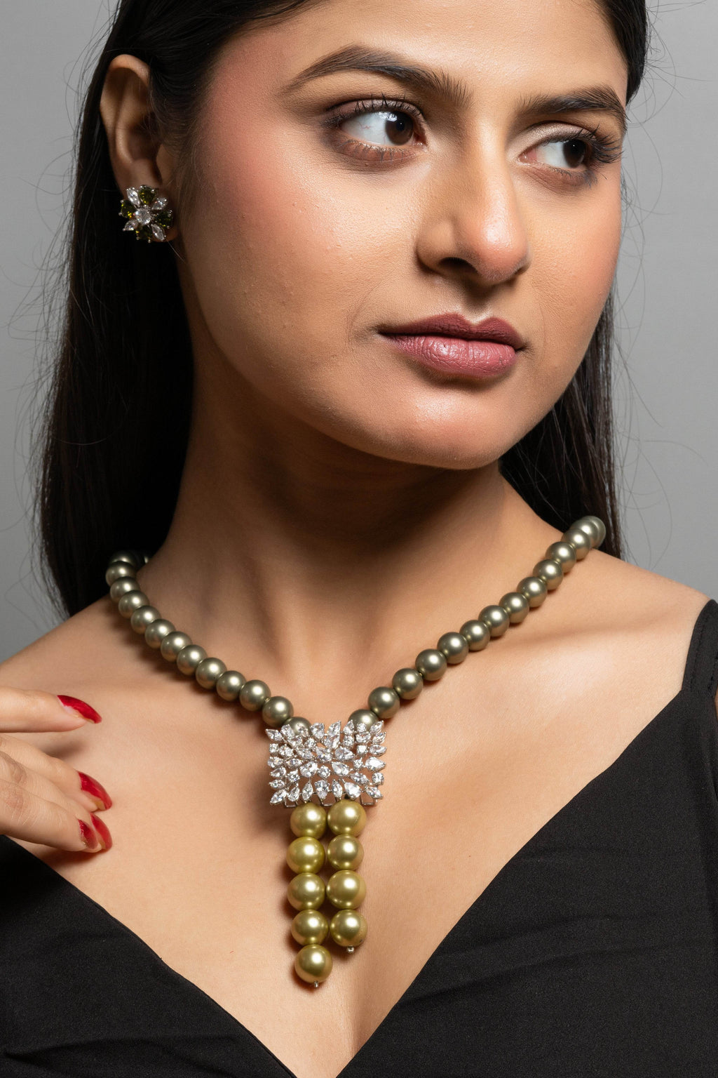 Pearl with American Diamond Sterling Silver Necklace and Earring Set - Lookandadorn.com