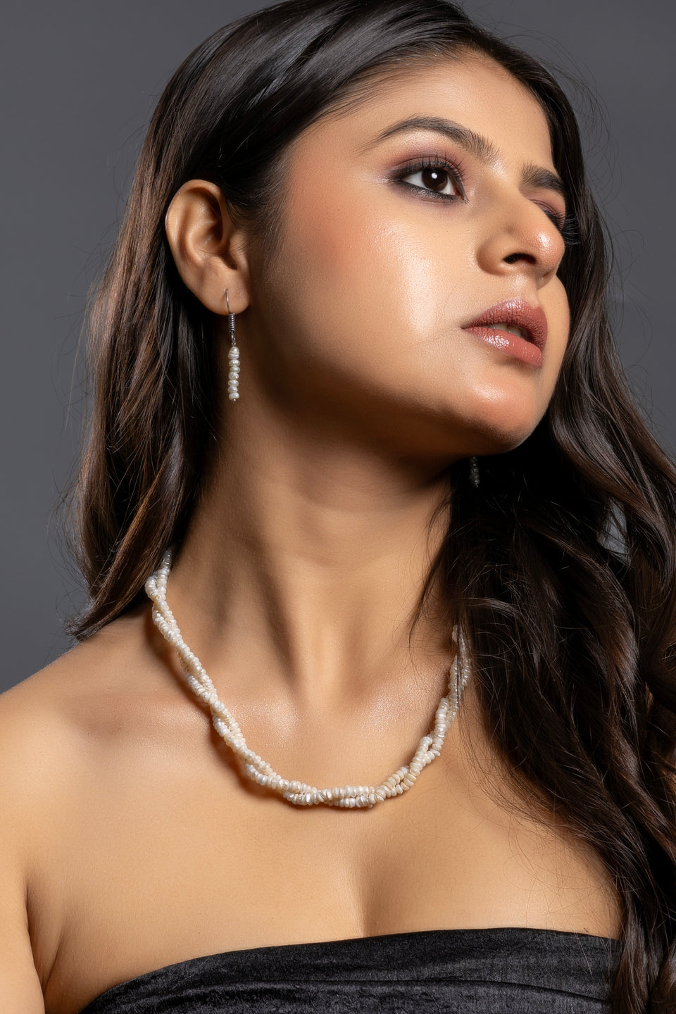 Fresh Water Pearl Double Line Necklace Set with Earrings