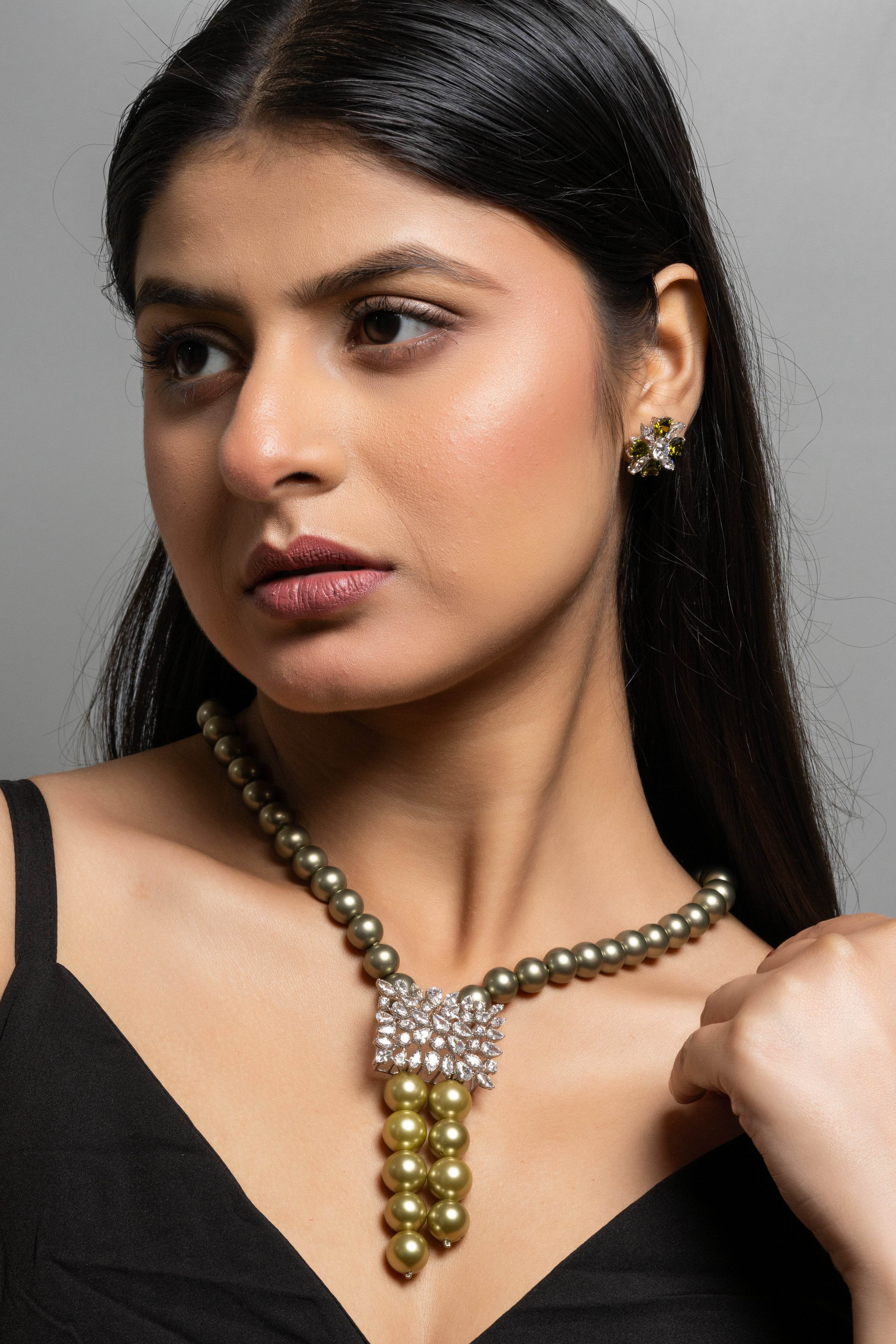 Pearl with American Diamond Sterling Silver Necklace and Earring Set - Lookandadorn.com