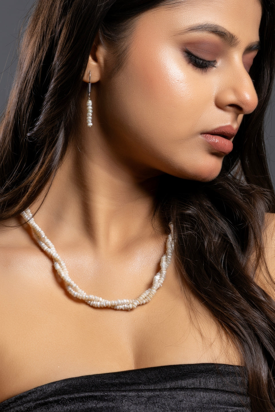Fresh Water Pearl Double Line Necklace Set with Earrings