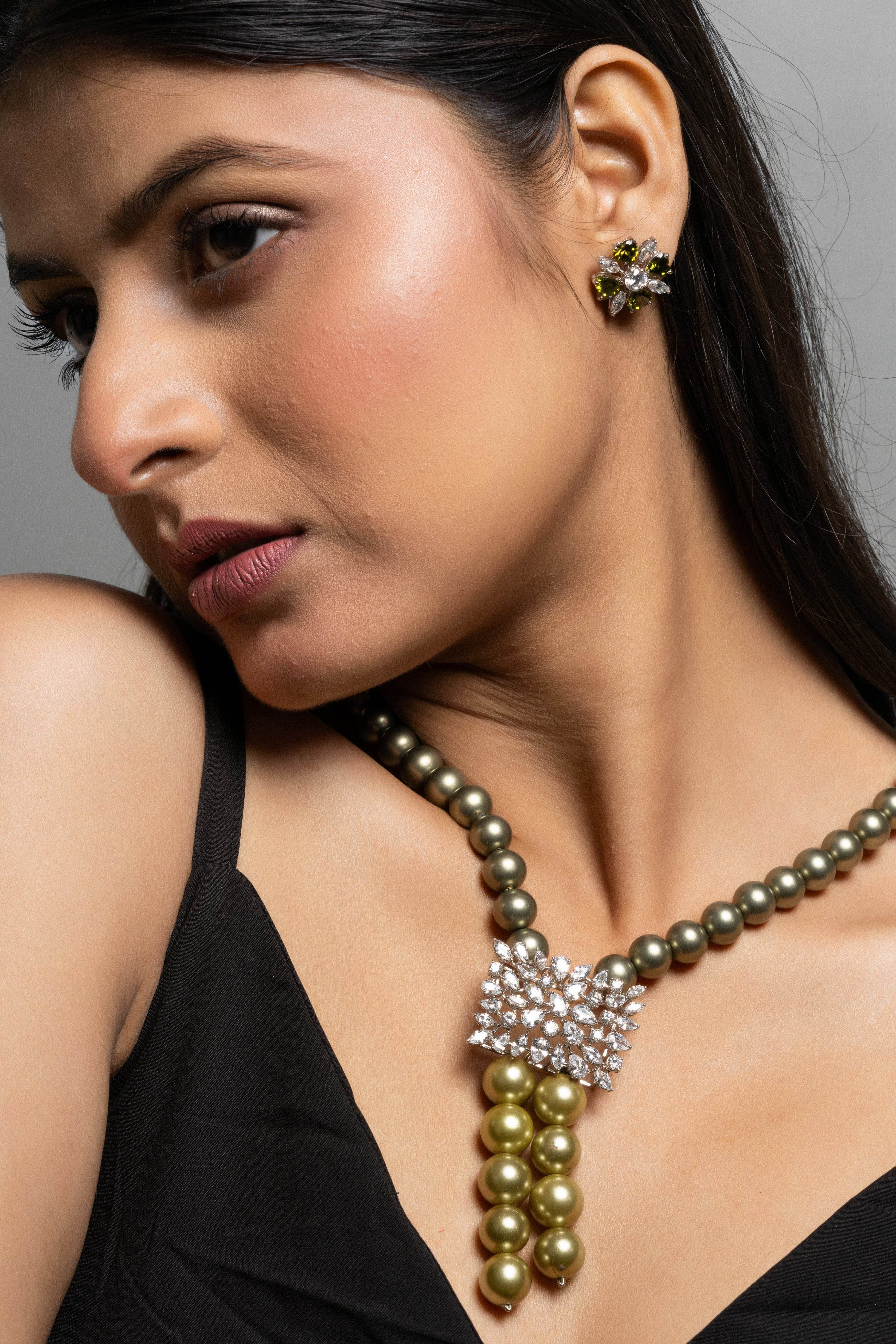 Pearl with American Diamond Sterling Silver Necklace and Earring Set - Lookandadorn.com