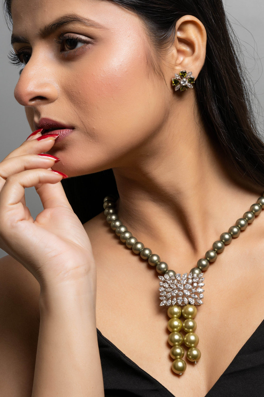 Pearl with American Diamond Sterling Silver Necklace and Earring Set - Lookandadorn.com