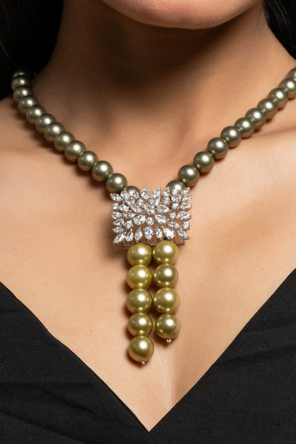 Pearl with American Diamond Sterling Silver Necklace and Earring Set - Lookandadorn.com