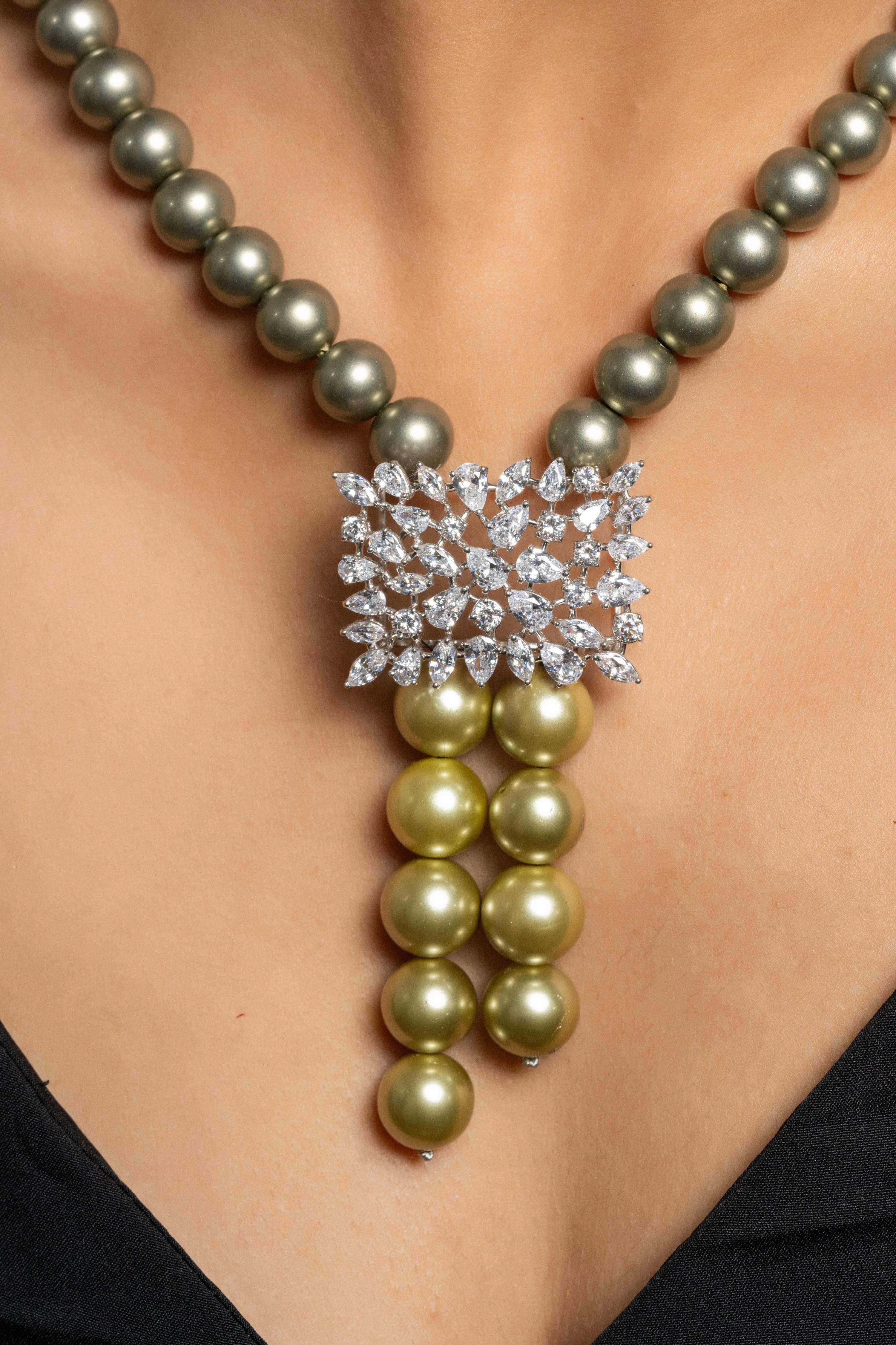 Pearl with American Diamond Sterling Silver Necklace and Earring Set - Lookandadorn.com