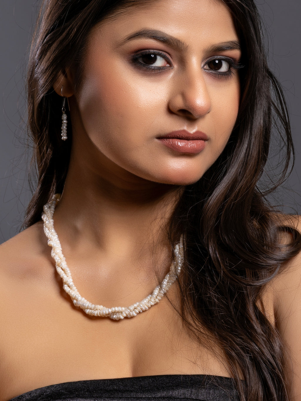 Fresh Water Pearl Triple Line Necklace Set with Earrings