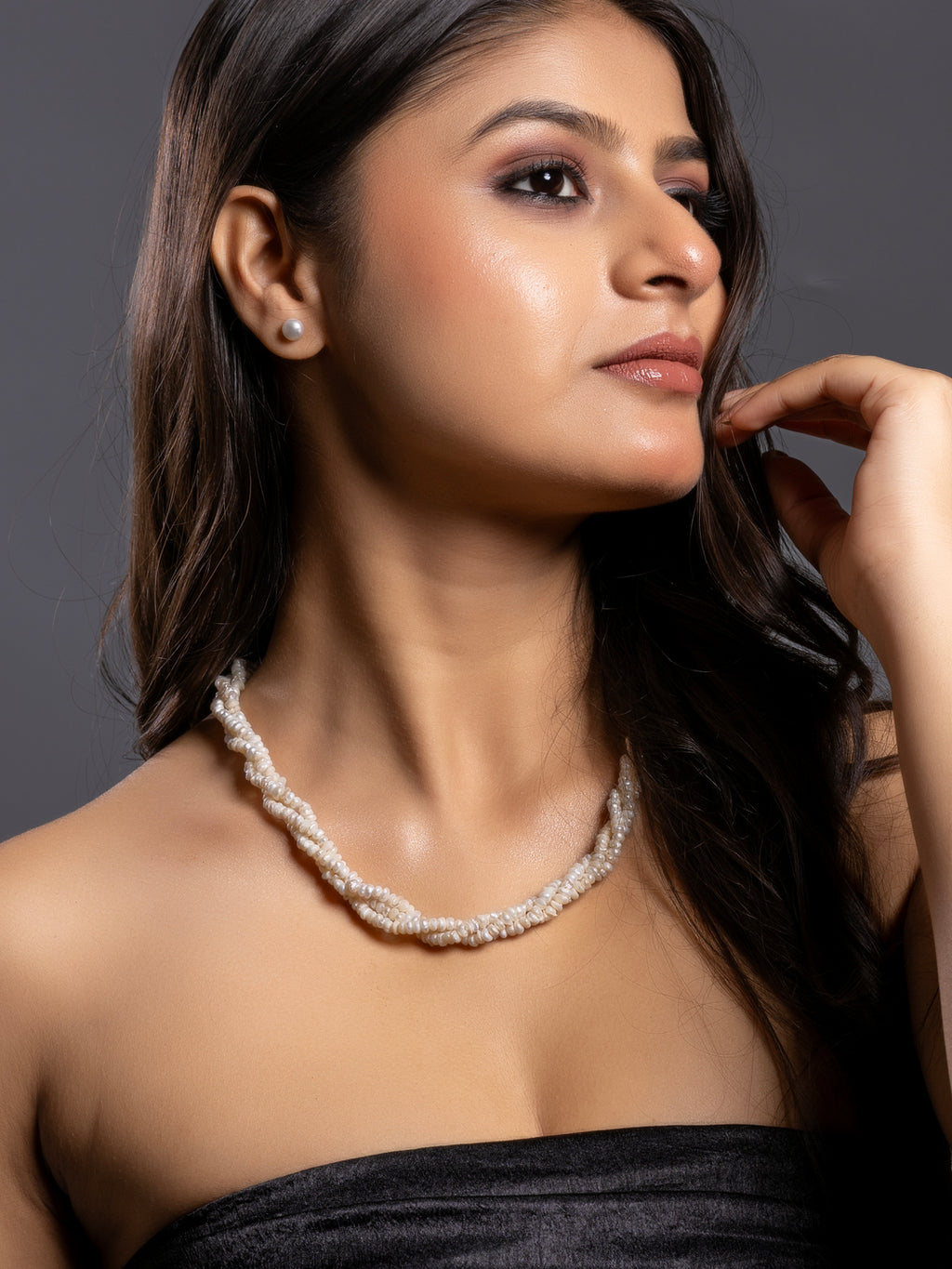 Fresh Water Pearl Triple Line Necklace Set with Earrings