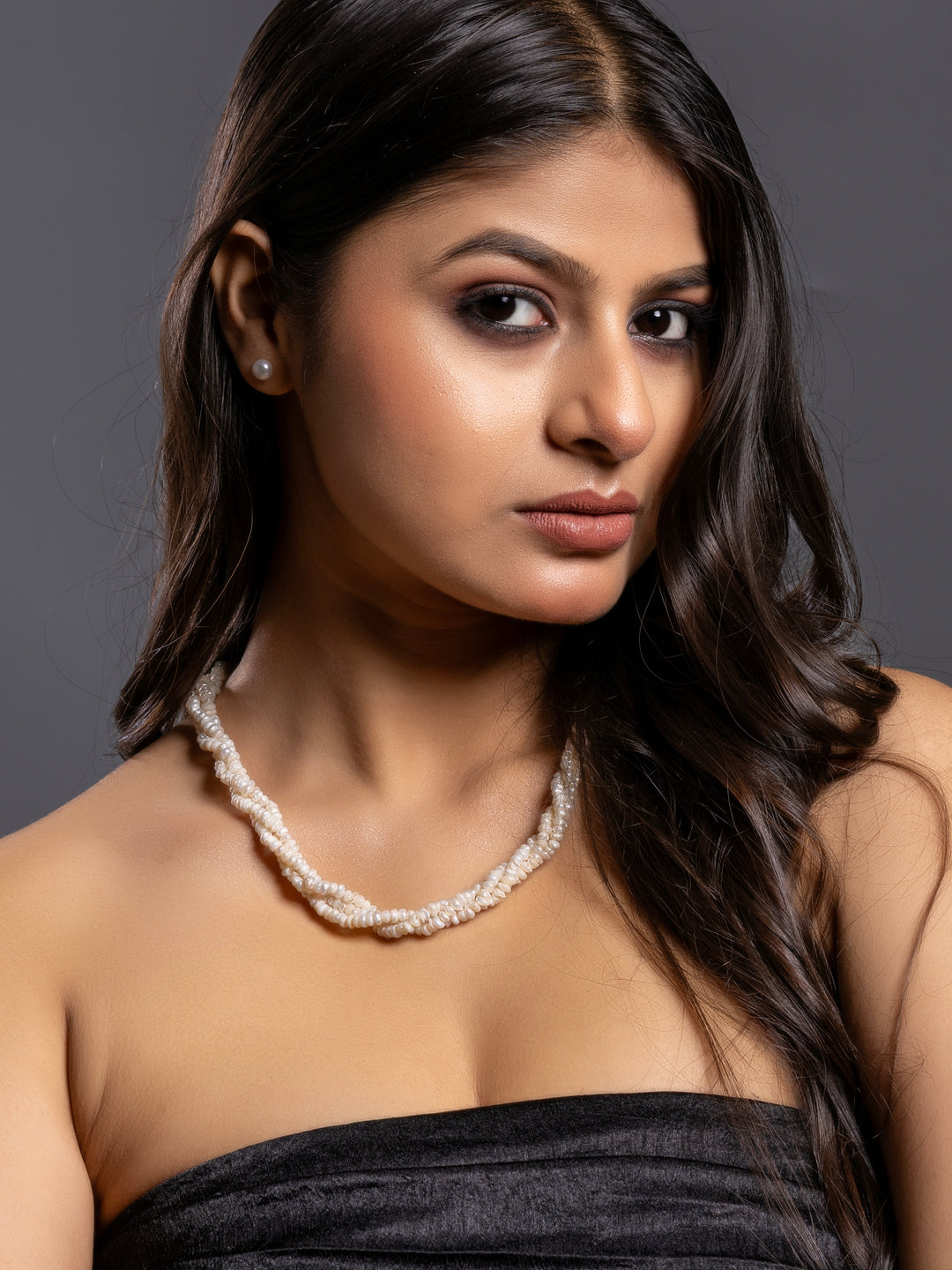 Fresh Water Pearl Triple Line Necklace Set with Earrings