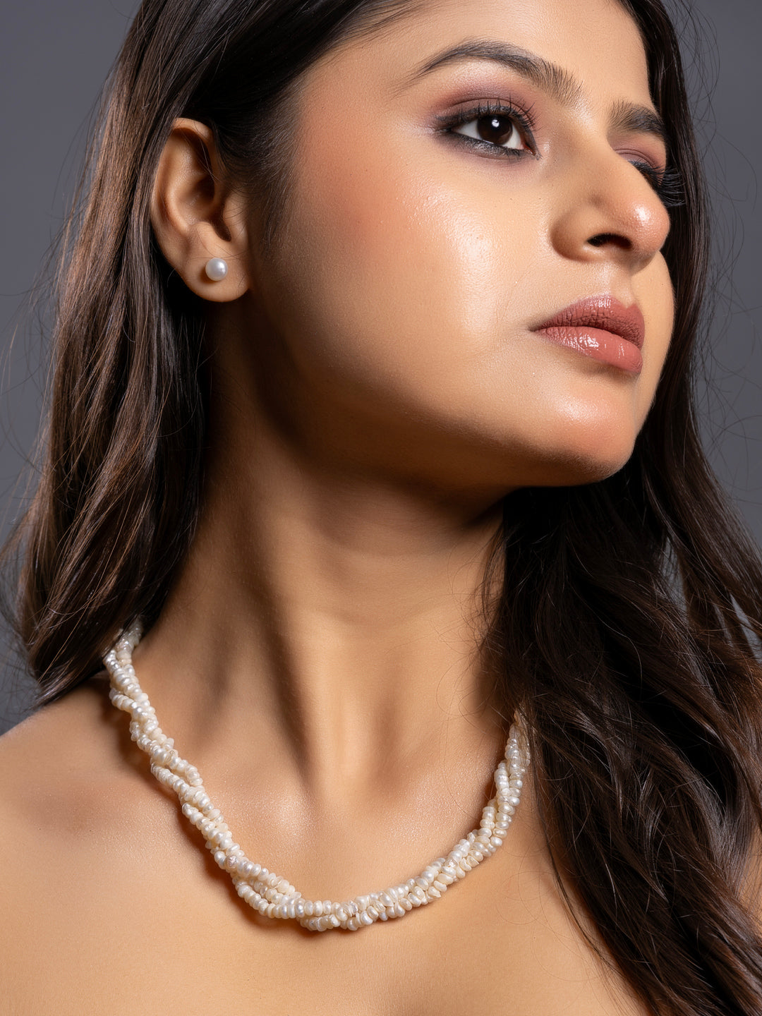 Fresh Water Pearl Triple Line Necklace Set with Earrings