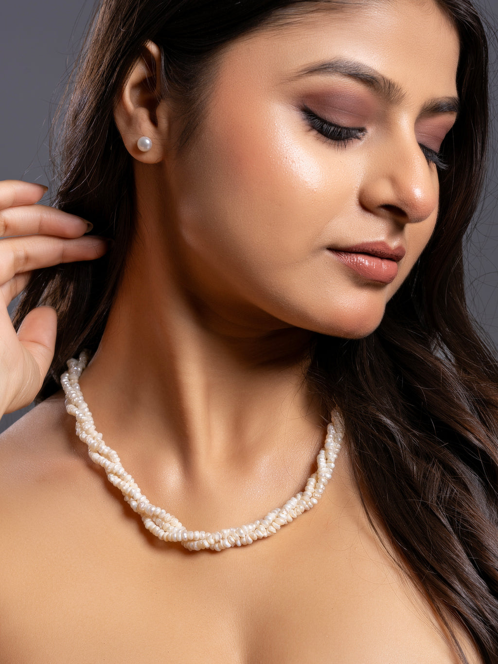Fresh Water Pearl Triple Line Necklace Set with Earrings