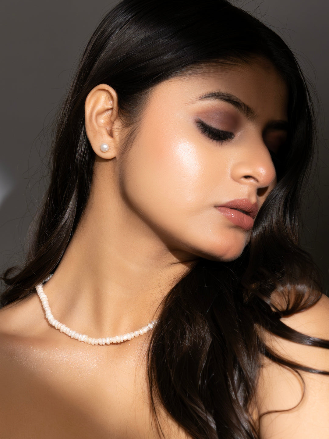 Fresh Water Pearl Single Line Necklace Set with Earrings