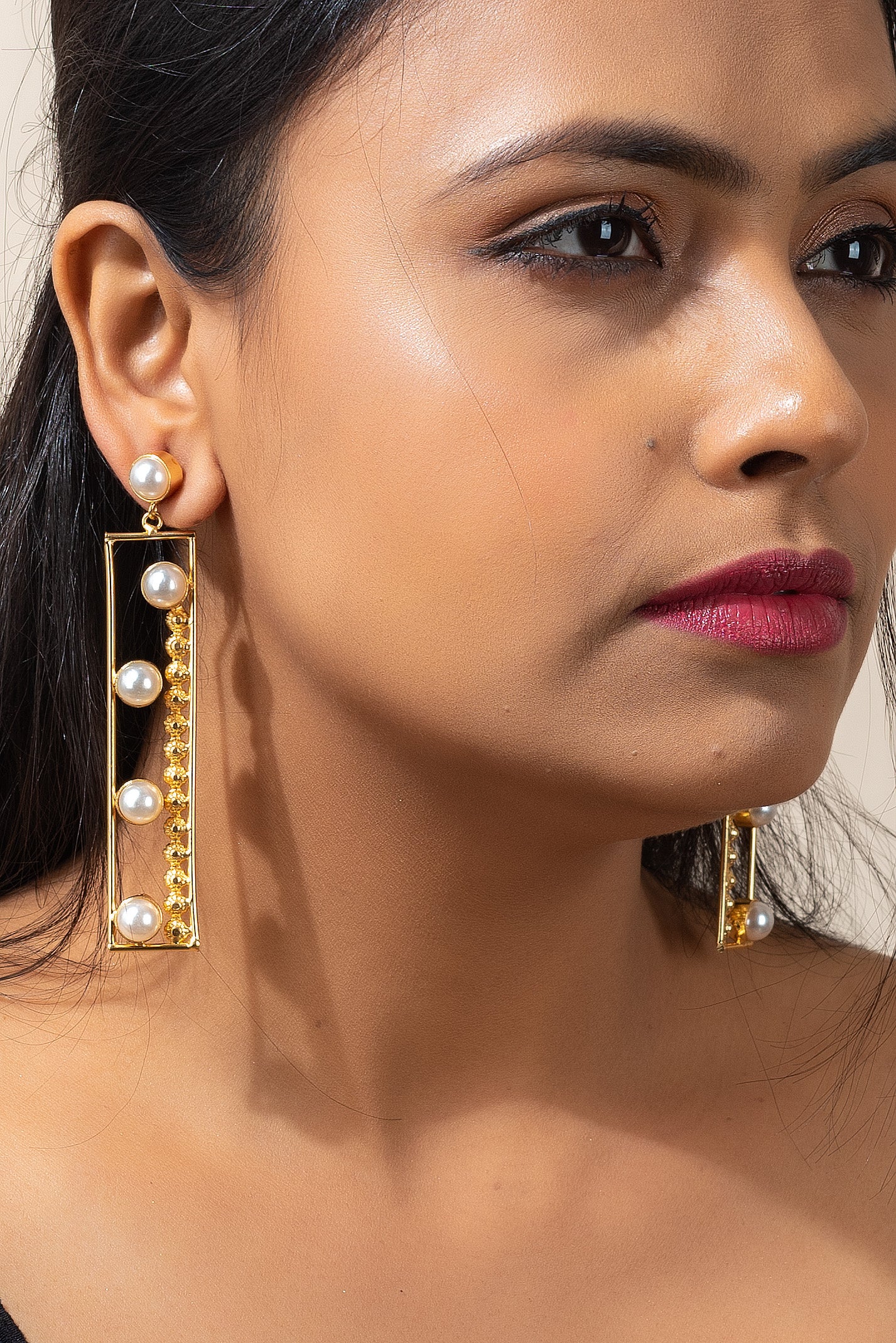 Designer Golden Brass Pearl Stud Dangler Earring