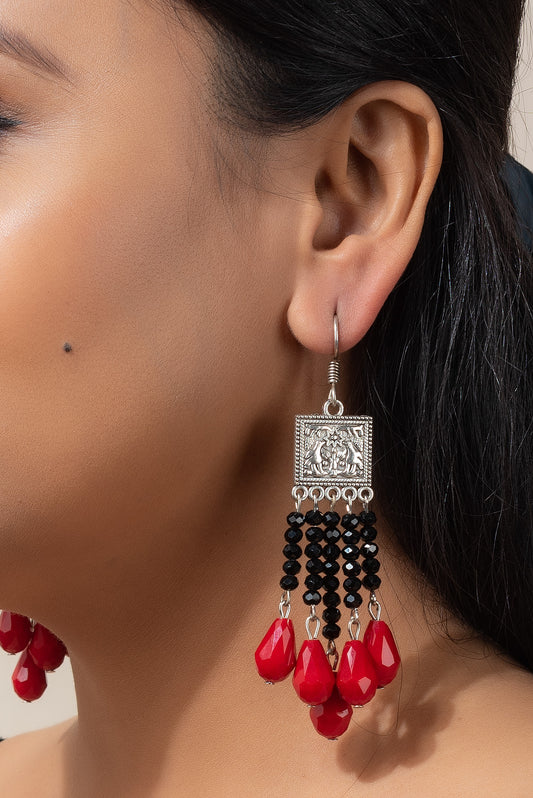 Oxidised Silver Square Charm with Black and Red Drop Crystal Earring