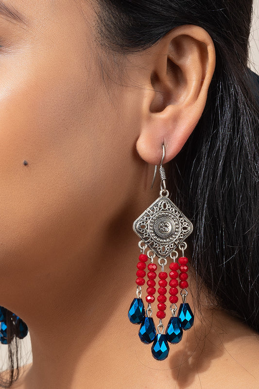 Oxidised Silver Diamond Charm with Red Blue Drop Crystal Earring