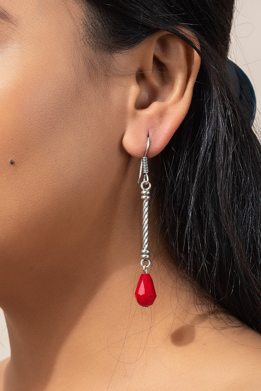 Handmade Designer Oxidised Silver Pipe Red Drop Crystal Dangler Earring
