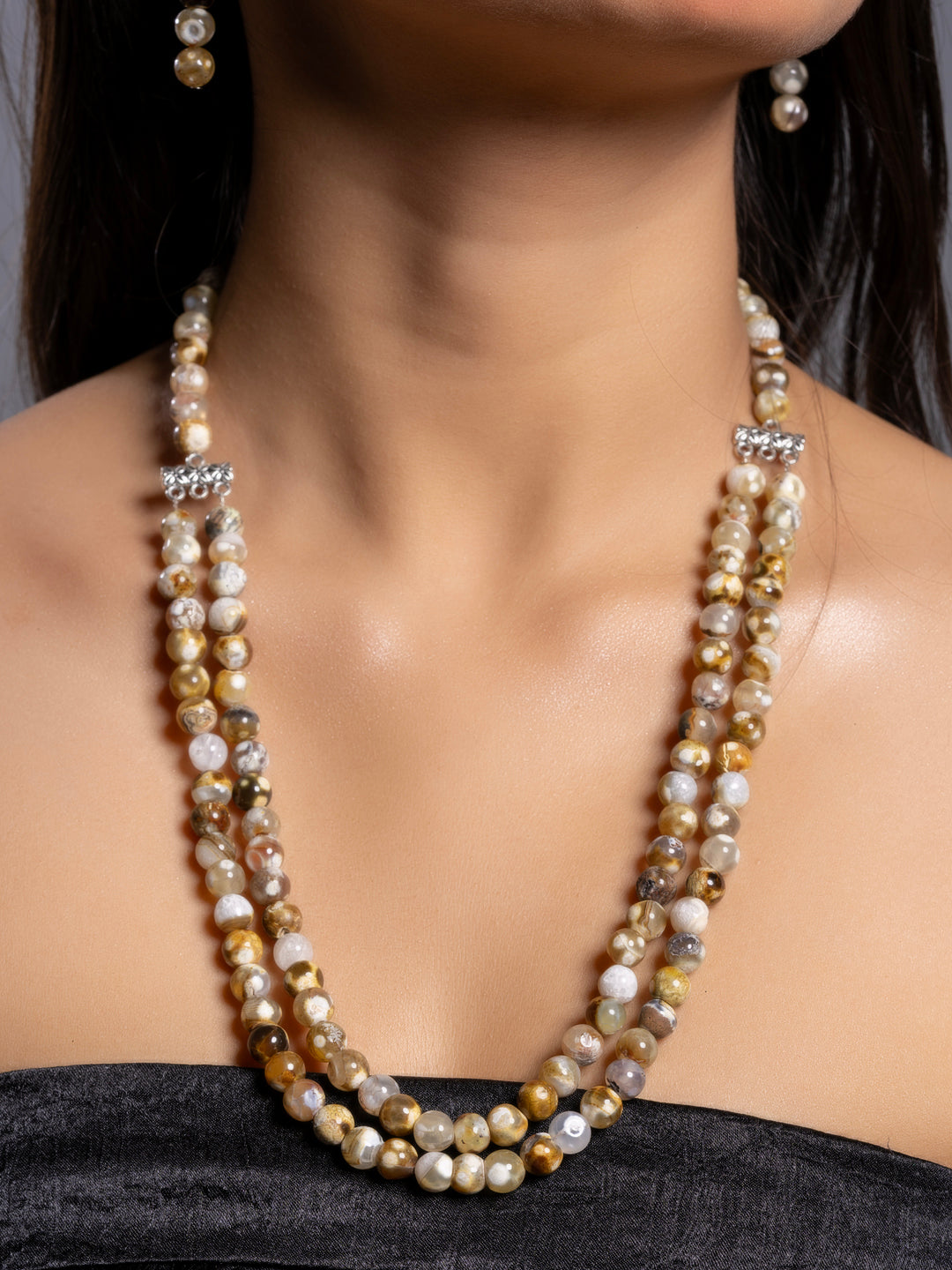 Brown White Onyx Double Layered Necklace set with Earrings