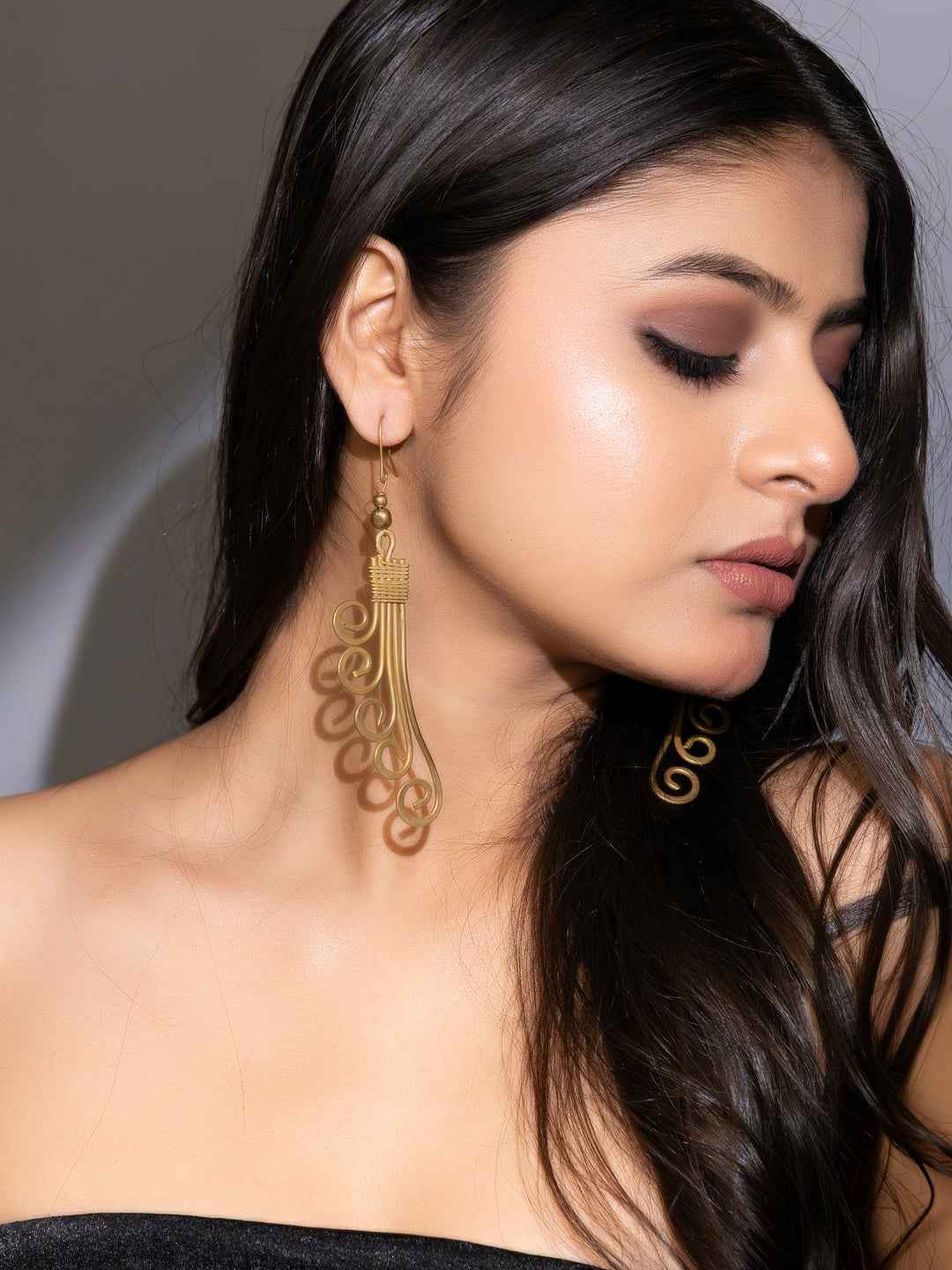 Golden Brass Dokra Spiral Dangler Earrings