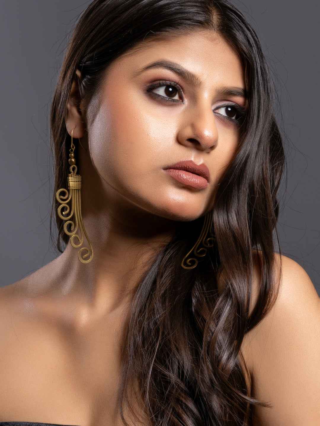 Golden Brass Dokra Spiral Dangler Earrings