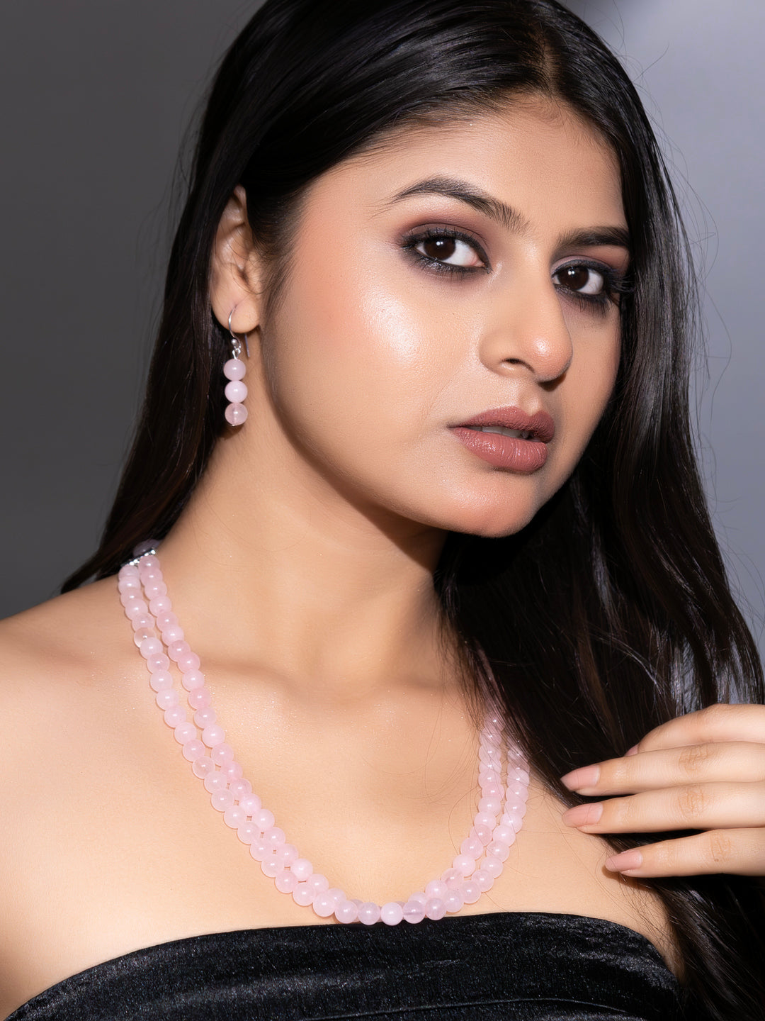 Rose Quartz Double Layered Necklace set with Earrings