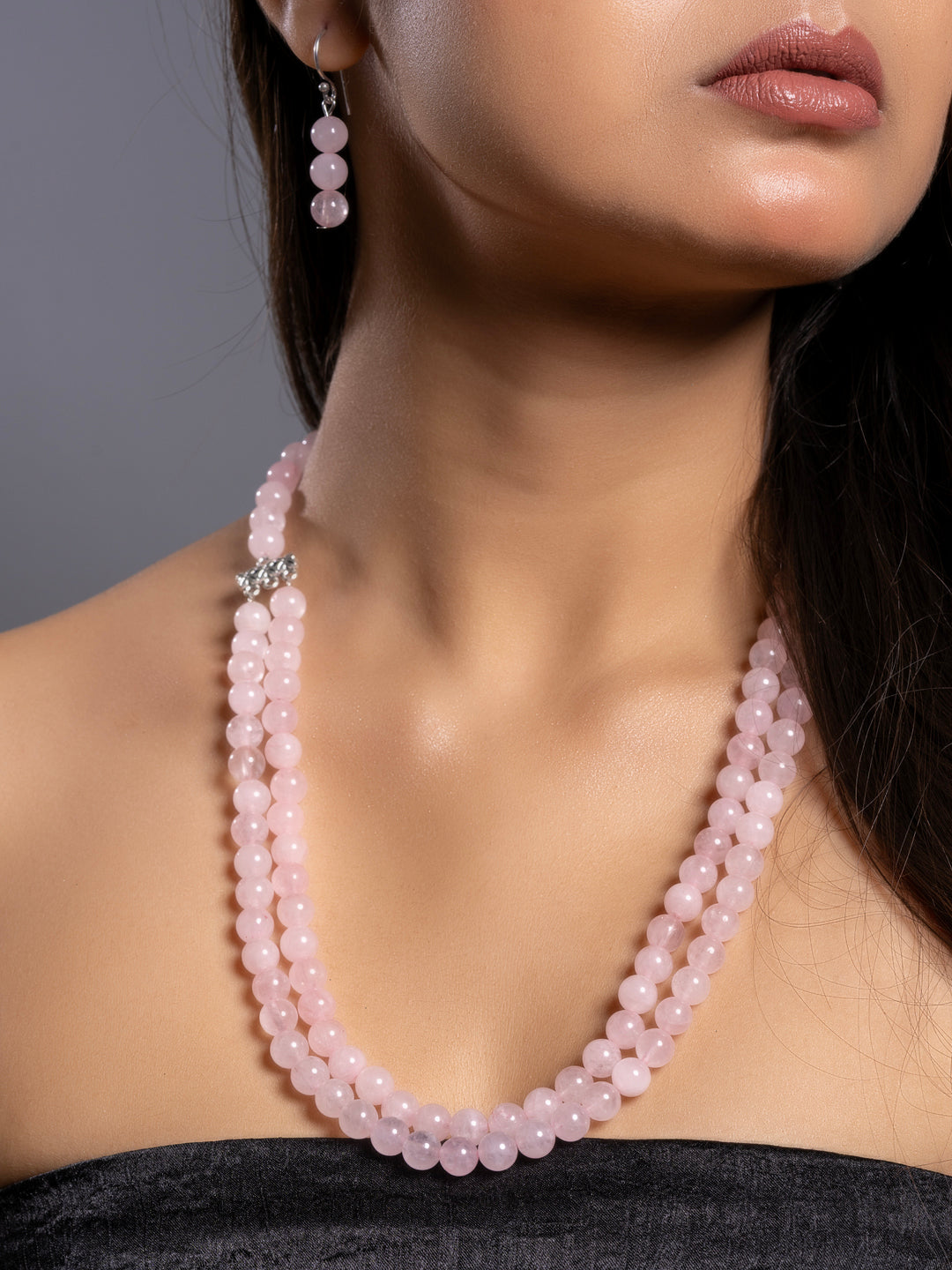 Rose Quartz Double Layered Necklace set with Earrings