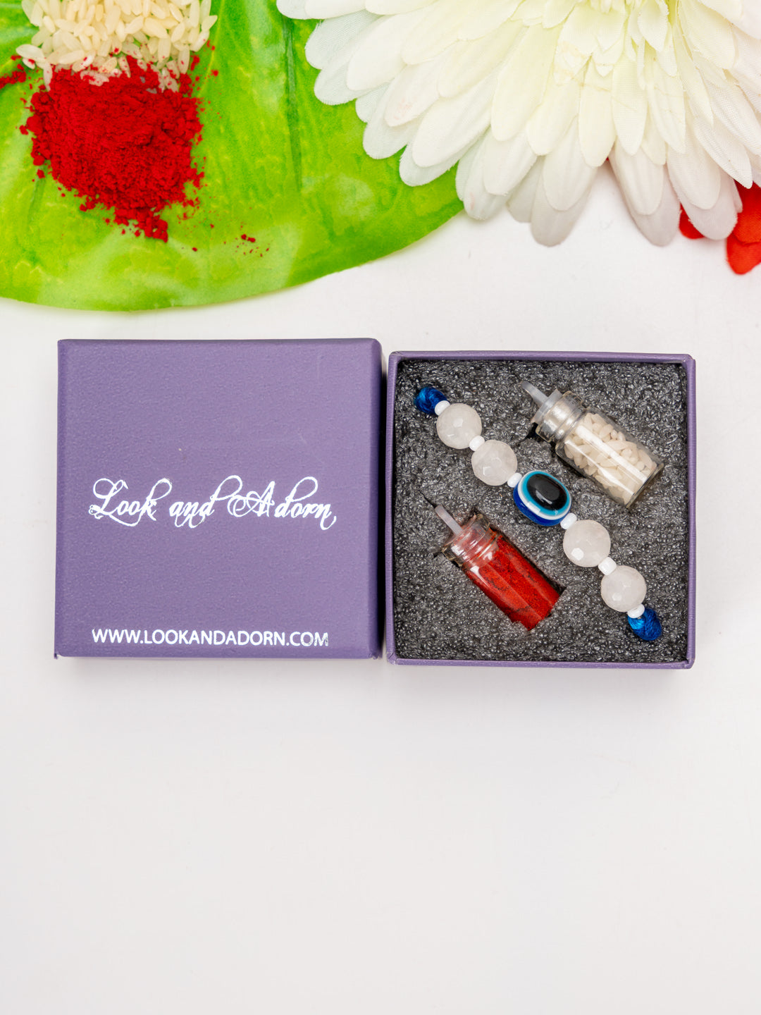 White Onyx and Blue Evil Eye Rakhi Set with Roli and Chawal - Handmade Designer Rakhi for Brothers - Lookandadorn.com