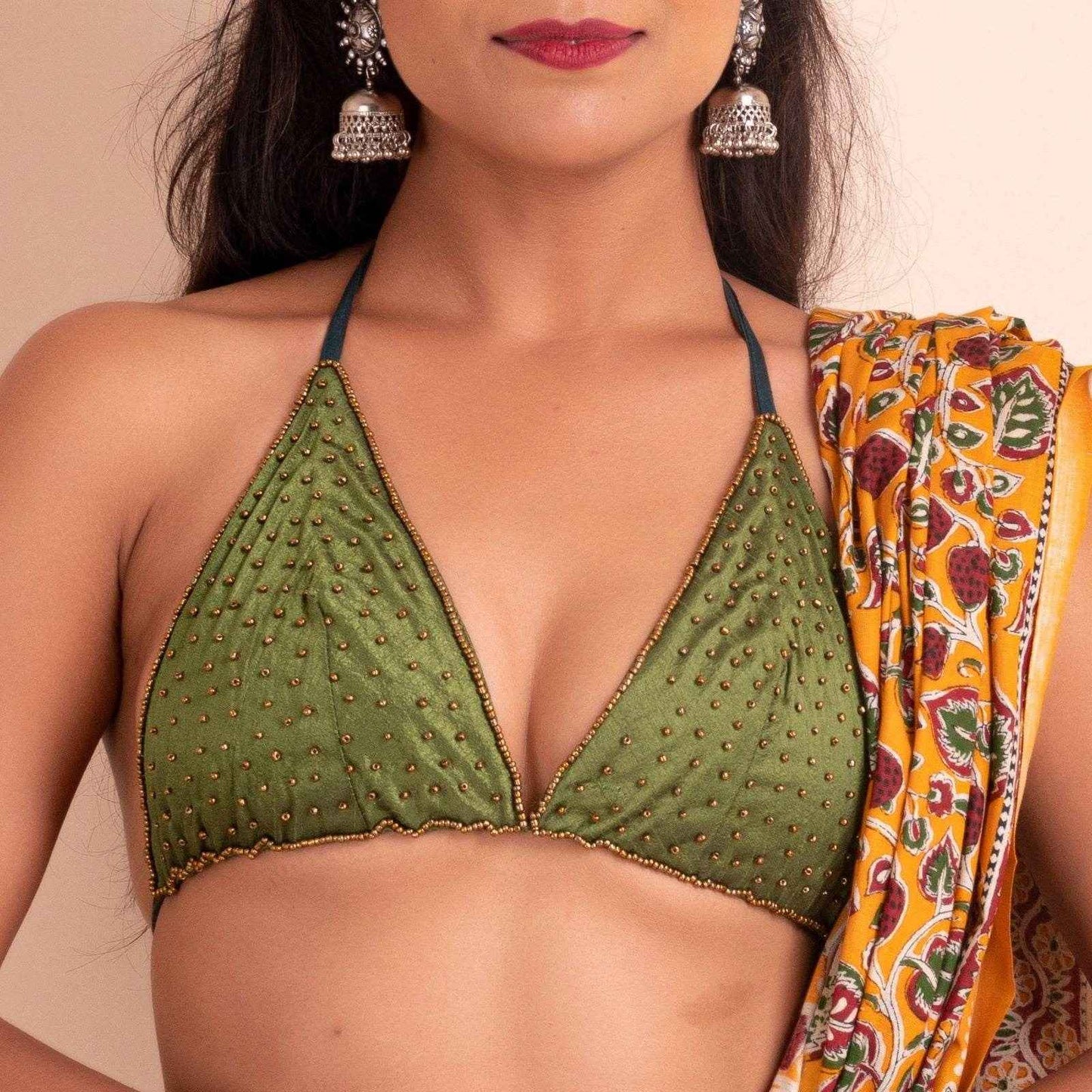Designer Backless Halter Blouse in Sequence Fabric with Embroidery - Bikini Style, Non-Padded - Lookandadorn.com