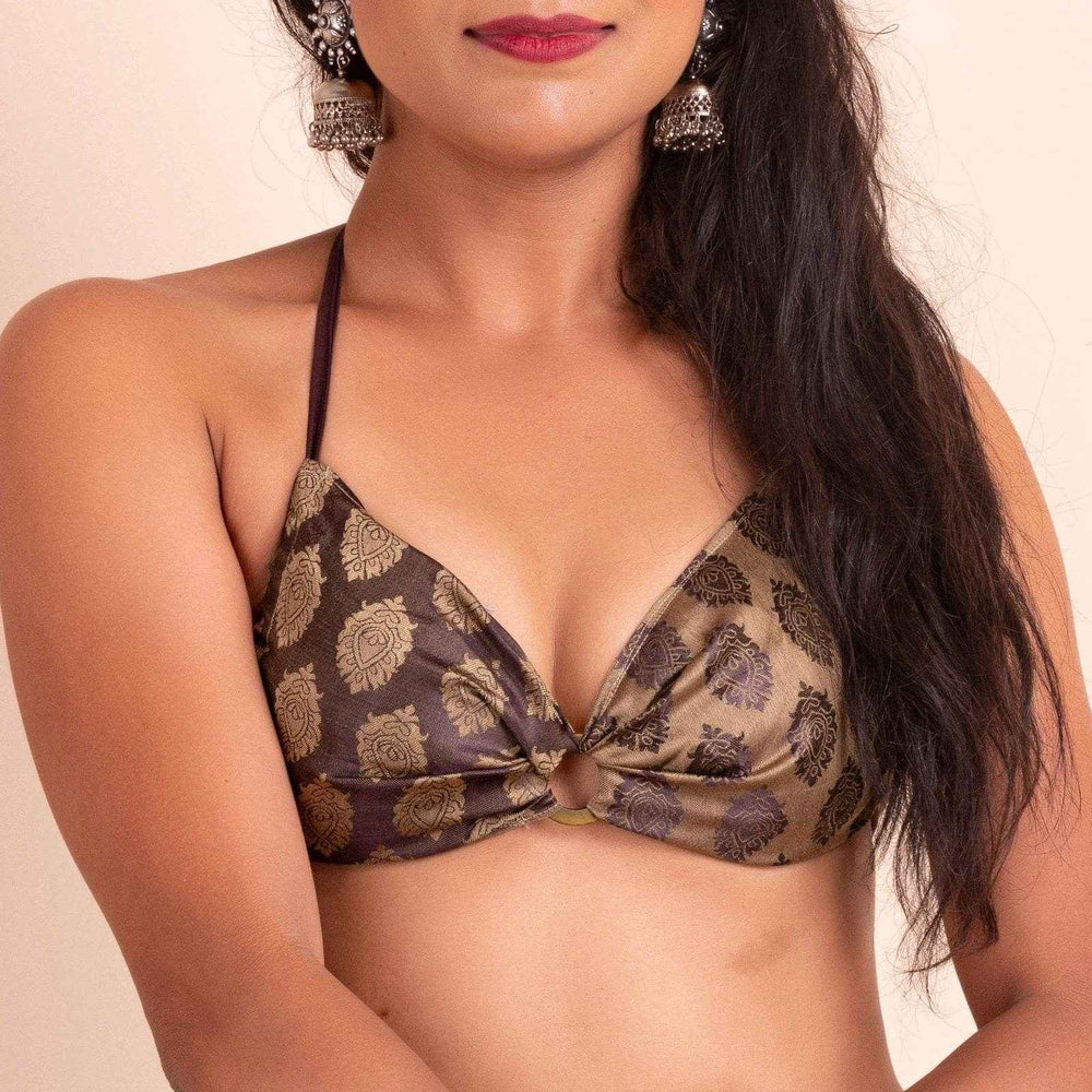 Designer Brocade Backless Halter Neck Bikini Blouse - Non-Padded - Lookandadorn.com