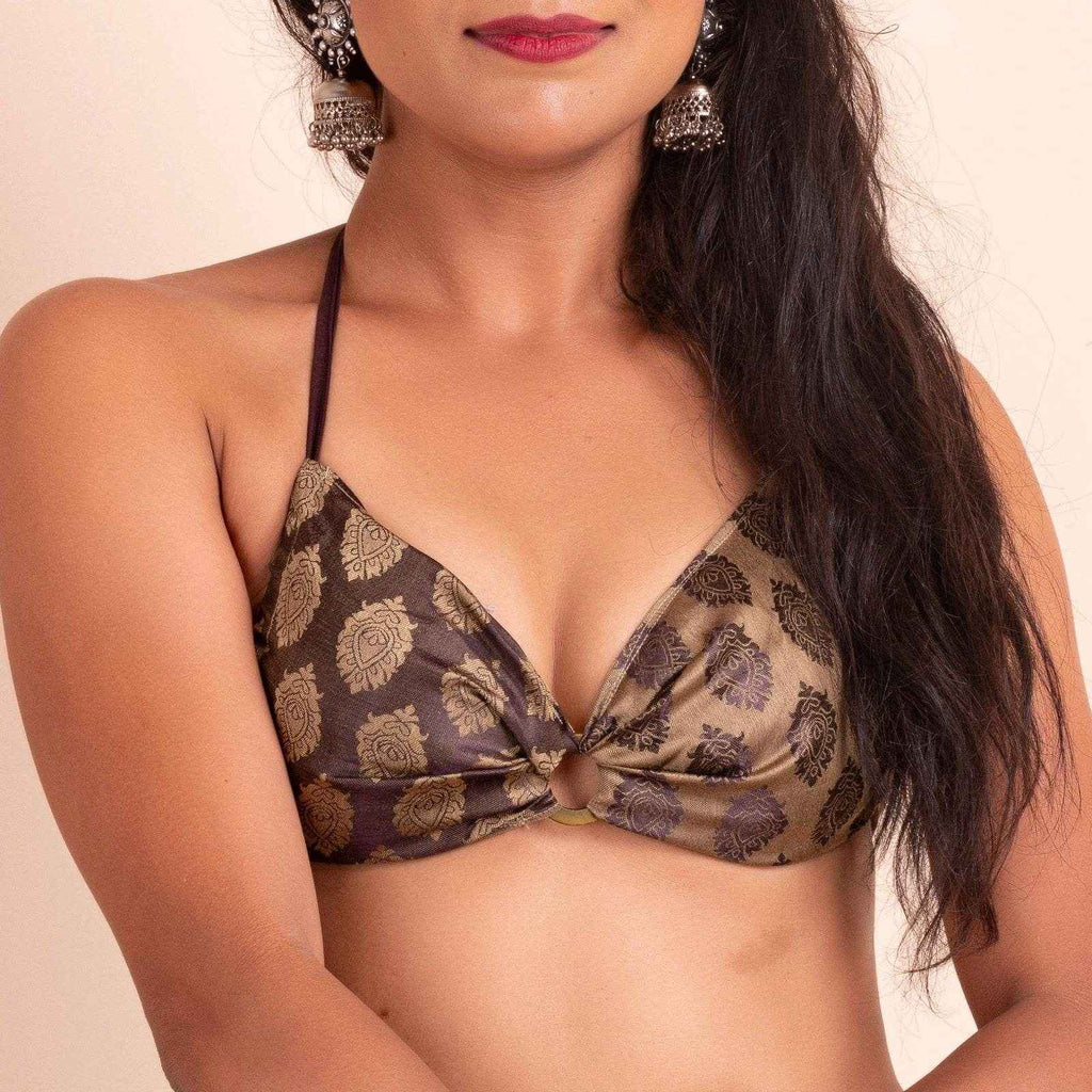 Designer Brocade Backless Halter Neck Bikini Blouse - Non-Padded - Lookandadorn.com