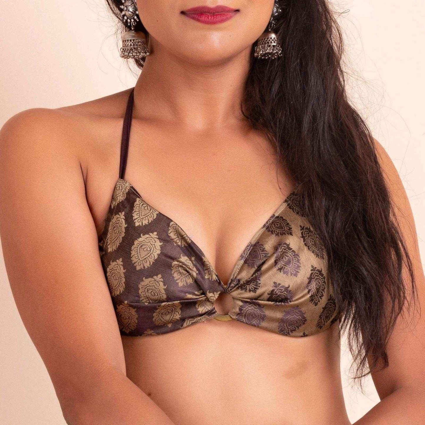 Designer Brocade Backless Halter Neck Bikini Blouse - Non-Padded - Lookandadorn.com