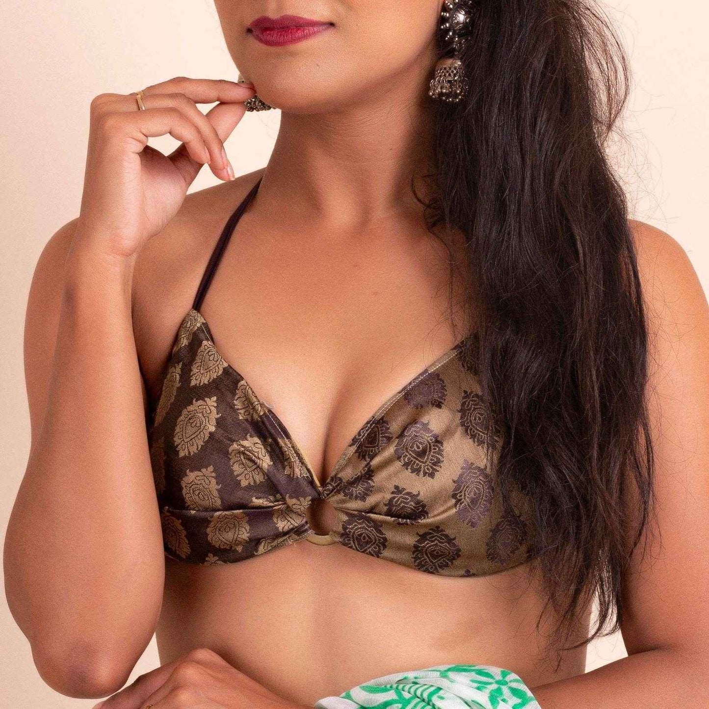 Designer Brocade Backless Halter Neck Bikini Blouse - Non-Padded - Lookandadorn.com