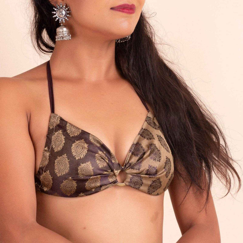 Designer Brocade Backless Halter Neck Bikini Blouse - Non-Padded - Lookandadorn.com