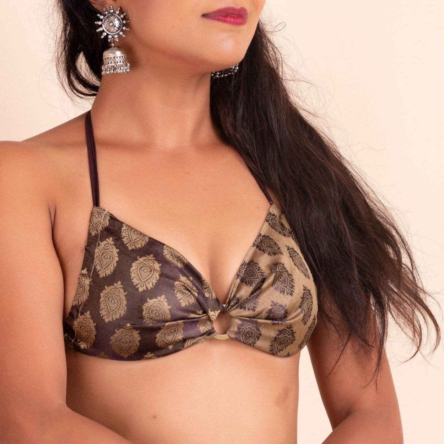 Designer Brocade Backless Halter Neck Bikini Blouse - Non-Padded - Lookandadorn.com