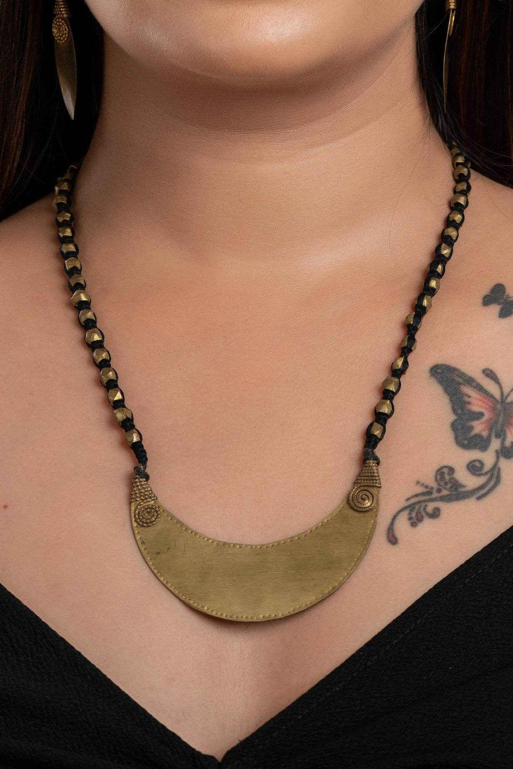 Designer Handcrafted Dokra Jewelry Brass Crescent Moon Pendant Neckpiece With Leaf Earrings Set - Lookandadorn.com